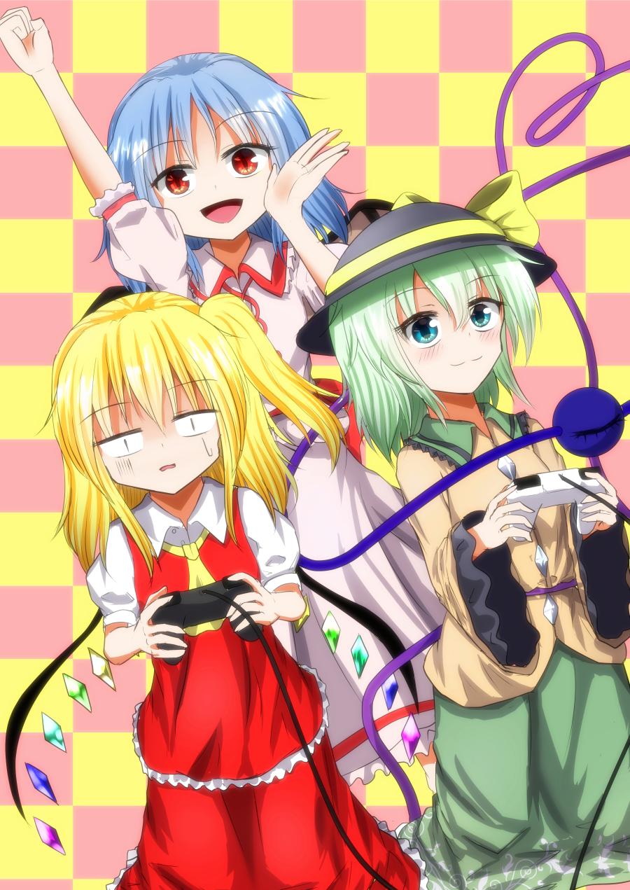 3girls arm_up ascot black_headwear blonde_hair blue_hair blush bow buttons checkered_background chitose_hachi closed_mouth collared_shirt commentary_request controller cowboy_shot crystal diamond_button eyeball fist_pump flandre_scarlet flat_chest floral_print frilled_shirt_collar frilled_skirt frilled_sleeves frills game_controller green_eyes green_hair green_skirt hair_between_eyes hat hat_bow highres holding holding_controller holding_game_controller komeiji_koishi long_hair long_sleeves looking_at_viewer medium_bangs medium_hair multiple_girls no_headwear one_side_up open_mouth pink_background pink_shirt pink_skirt puffy_short_sleeves puffy_sleeves red_eyes red_sash red_vest remilia_scarlet rose_print sash shirt short_sleeves skirt skirt_set slit_pupils smile third_eye touhou vest white_shirt wide_sleeves wings yellow_ascot yellow_background yellow_bow yellow_shirt