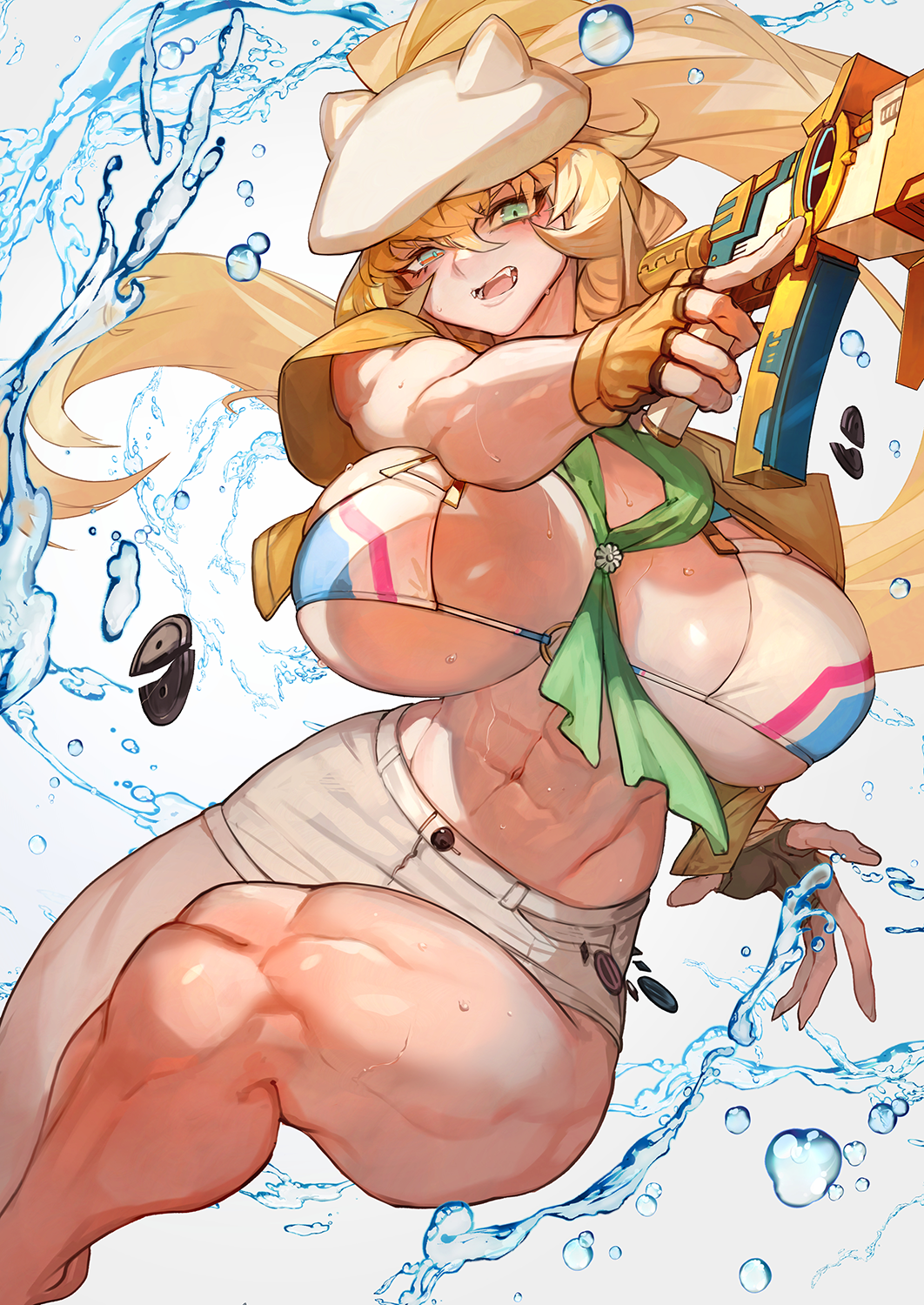 1girl abs barghest_(fate) barghest_(swimsuit_archer)_(fate) biceps blonde_hair breasts buttons cleavage fate/grand_order fate_(series) fingerless_gloves flying_button gloves green_eyes grey_headwear grey_skirt hat high_ponytail highres lack large_breasts long_hair looking_at_viewer midriff miniskirt muscular muscular_female navel neckerchief open_mouth pencil_skirt popped_button shirt short_sleeves sidelocks skirt solo thick_thighs thighs tied_shirt wardrobe_malfunction water water_gun yellow_gloves yellow_shirt