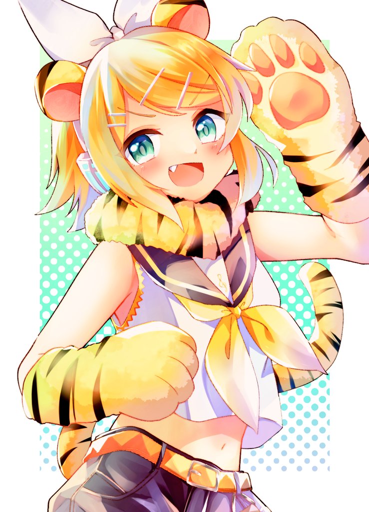 1girl :d animal_ears animal_hands animal_print arm_up belt black_pantyhose black_sailor_collar blonde_hair blush bow breasts crop_top crop_top_overhang dotted_background earphones fang fur_collar gloves green_eyes hair_bow hair_ornament hairclip hand_up kagamine_rin looking_at_viewer mani_(second-dimension) midriff musical_note navel neckerchief open_mouth pantyhose paw_gloves pawpads sailor_collar shirt short_hair simple_background sleeveless sleeveless_shirt small_breasts smile swept_bangs tail tail_raised tiger_ears tiger_print tiger_stripes tiger_tail upper_body v-shaped_eyebrows vocaloid white_bow white_shirt yellow_belt yellow_neckerchief