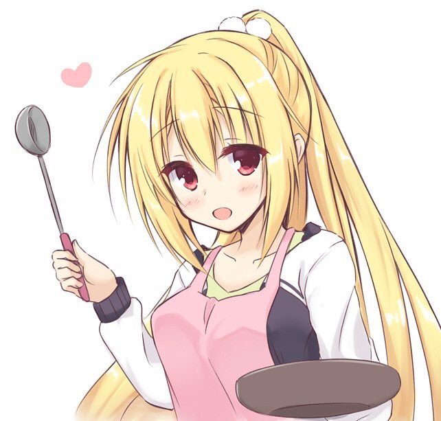 1girl apron arihara_nanami blonde_hair blush breasts cardigan casual collarbone commentary eyelashes eyes_visible_through_hair frying_pan hair_between_eyes heart holding holding_frying_pan holding_ladle igarashi_kenji ladle large_breasts long_hair looking_at_viewer open_mouth pink_apron pom_pom_(clothes) ponytail red_eyes riddle_joker simple_background smile solo straight_hair upper_body very_long_hair white_background white_cardigan