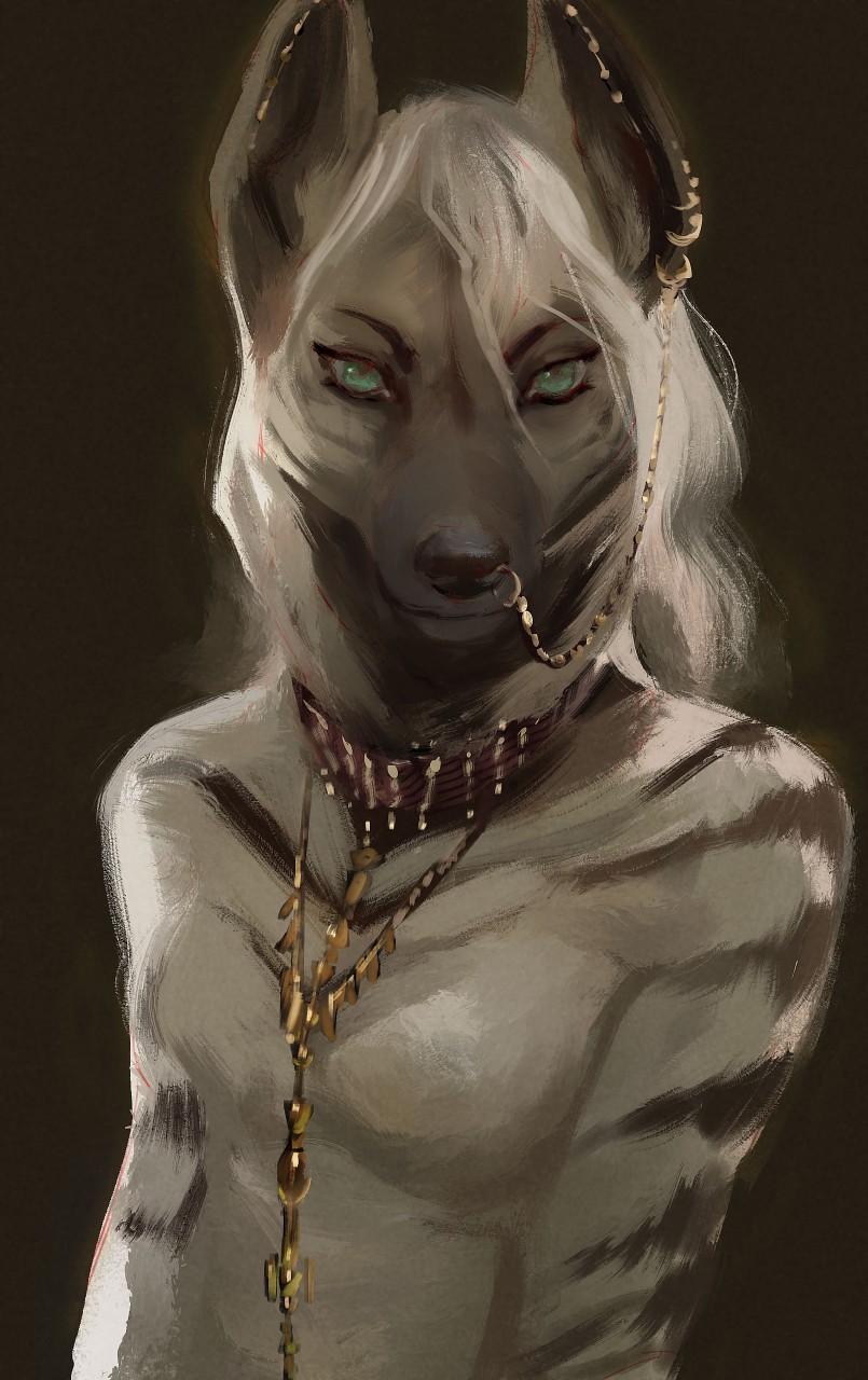 ambiguous_gender anthro black_body black_fur black_nose choker collar digital_media_(artwork) ear_piercing ear_ring ears_up eyebrows facial_piercing fur green_eyes hair hi_res hyena inner_ear_fluff jewelry long_neck looking_at_viewer mammal neck_tuft necklace nose_chain nose_piercing nose_ring piercing ring_piercing simple_background sixfoot solo striped_arms striped_body striped_fur striped_hyena stripes teal_eyes tuft white_body white_fur white_hair zyonji_(character)