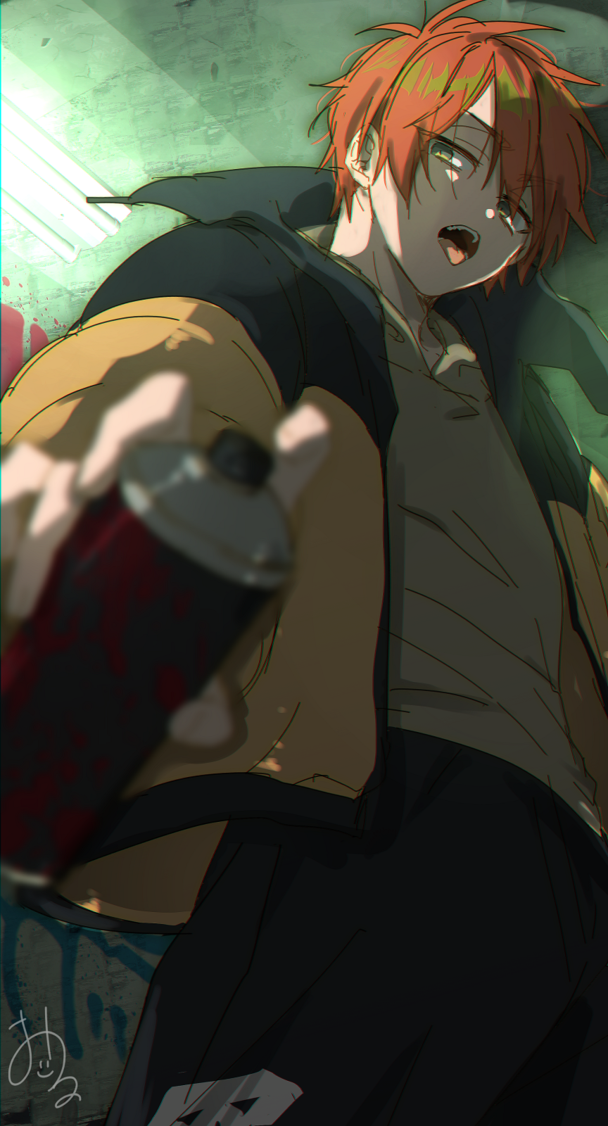 1boy black_jacket black_pants brown_shirt green_eyes highres jacket kajiyama_fuuta kao_ru05 looking_at_viewer looking_down male_focus milgram multicolored_clothes multicolored_jacket orange_jacket pants red_hair shirt short_hair signature solo spray_can spray_paint teeth tongue tongue_out wall