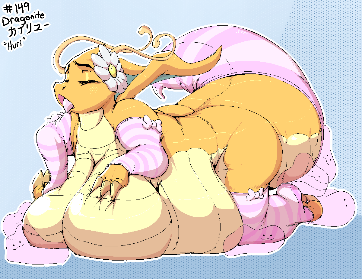 2018 anthro belly belly_inflation big_belly big_breasts breasts clothing ditto_(pokemon) dragonite eyes_closed female garuda_six generation_1_pokemon huge_breasts hurikata_judodo inflation legwear lingerie looking_pleasured nintendo obese overweight pokemon pokemon_(species) solo tail thick_tail thigh_highs tongue tongue_out