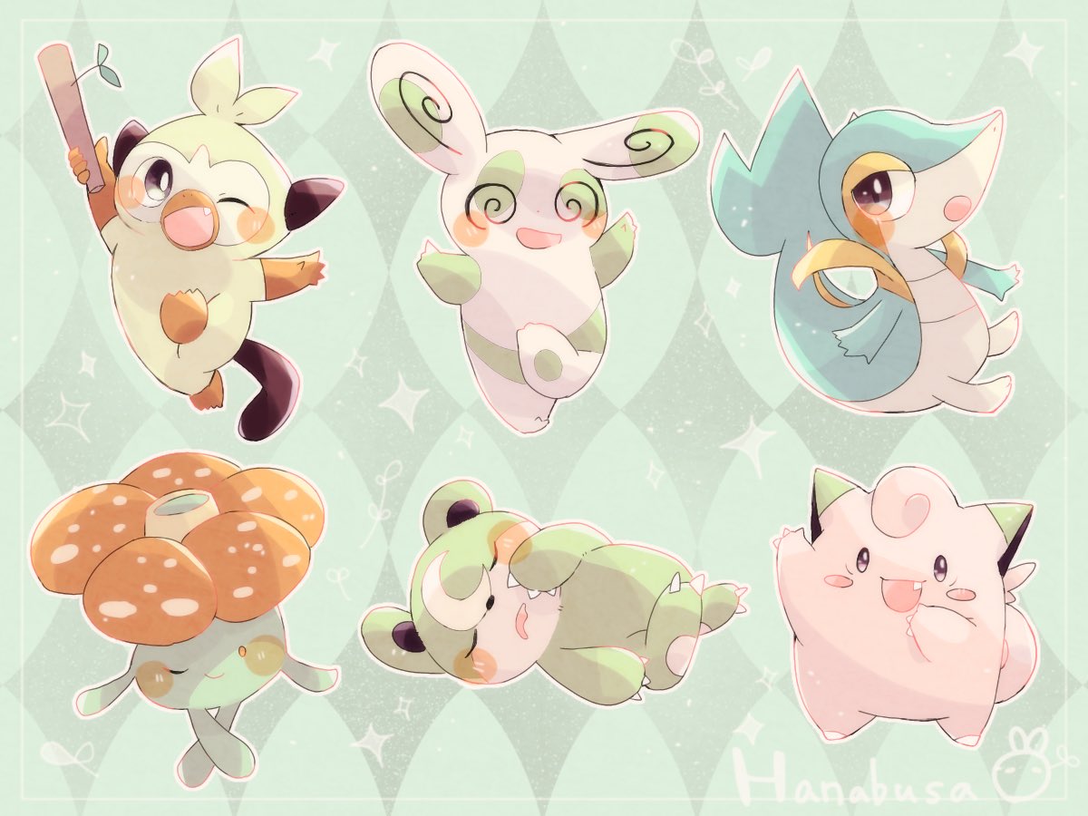 alternate_color animal_focus argyle argyle_background clefairy closed_eyes commentary_request fang green_background grookey hanabusaoekaki holding holding_stick monkey no_humans one_eye_closed open_mouth pokemon pokemon_(creature) shiny_pokemon sitting sleeping snivy solid_oval_eyes sparkle spinda stick tail teddiursa vileplume