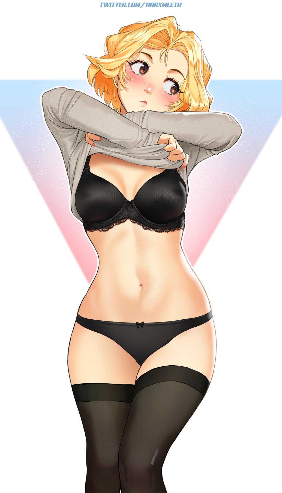 1girl black_bra black_panties black_thighhighs blonde_hair blush bra breasts brown_eyes clothes_lift commentary english_commentary grey_shirt highres lifted_by_self long_sleeves mathias_leth medium_breasts navel no_pants original panties shirt shirt_lift simple_background solo stina_(mathias_leth) stomach thighhighs underwear white_background