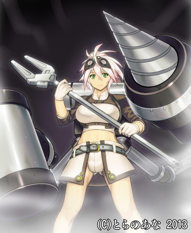 1girl adjustable_wrench backpack bag belt breasts dark_background dated drill frown gloves goggles goggles_on_head green_eyes hair_between_eyes harem_gain jonylaser large_breasts midriff short_hair standing watermark white_gloves white_hair wrench