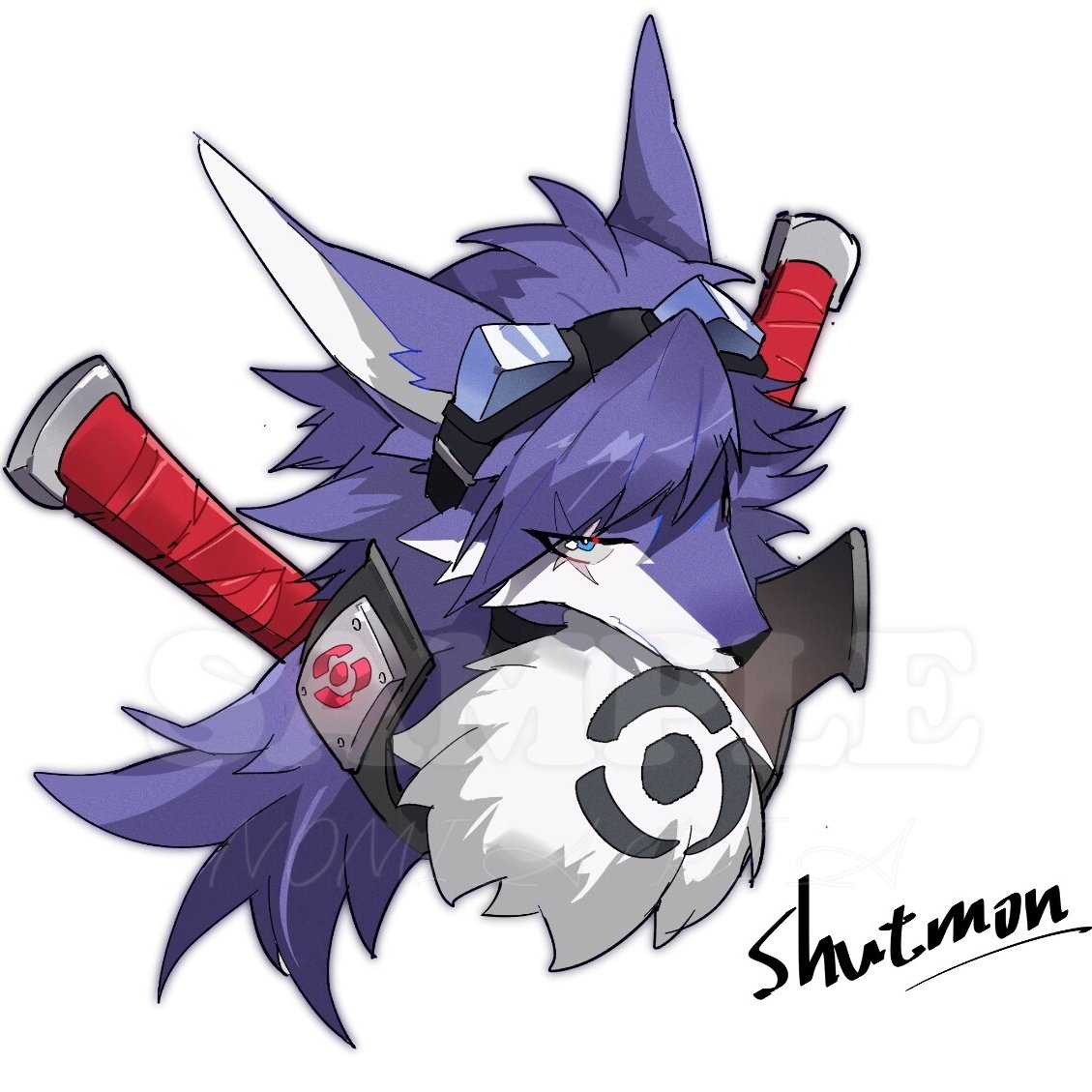 anthro appmon_(species) bandai_namco blue_body blue_eyes blue_fur bust_portrait canid canine canis digimon digimon_(species) eyewear fluffy_chest fur goggles high-angle_view male mammal nomiyaria portrait scar shutmon solo wolf