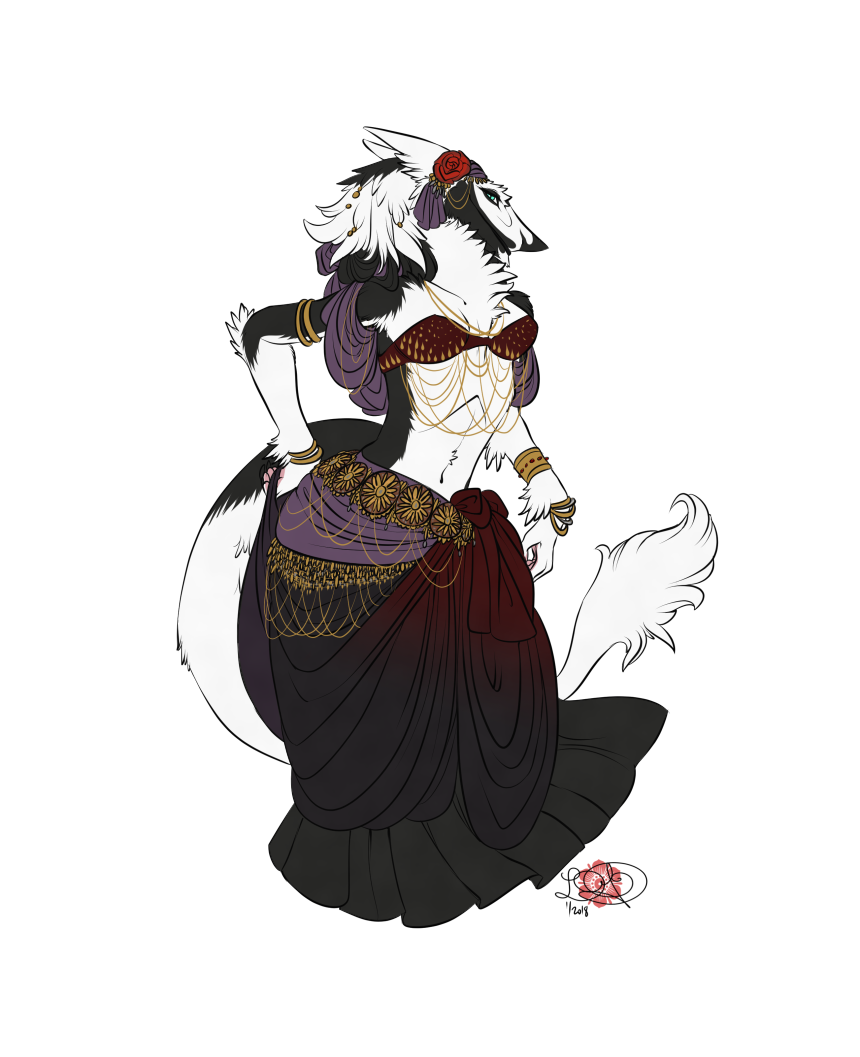 accessory anthro armband bedlah belly_dancer blue_eyes breasts chest_tuft clothing dress epicwang female flower flower_in_hair fur grey_body grey_fur hair hair_accessory jewelry long_tail looking_at_viewer mammal mane navel plant pupils rose_(disambiguation) sergal slit_pupils small_breasts smile solo standing tail tail_tuft tribal tuft white_body white_fur wristband