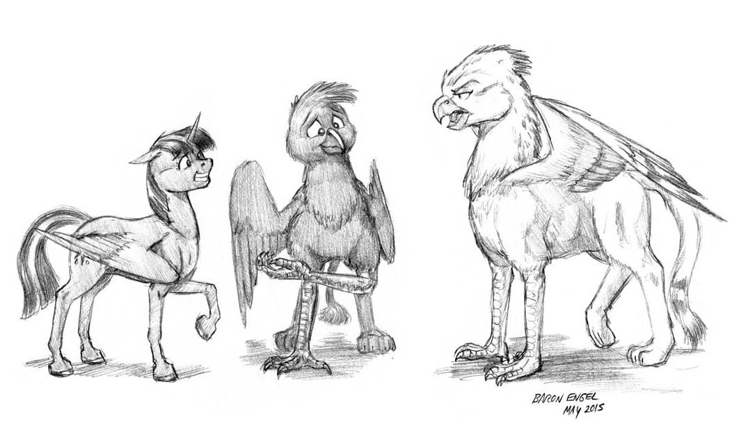 2015 avian baron_engel equid equine feathered_wings feathers female feral free_agent_(mlp) friendship_is_magic fur goldfur's_cogsverse greyscale group gryphon hair hasbro hooves horn male mammal monochrome my_little_pony mythological_avian mythology scuted_arms scutes spread_wings tail trio twilight_sparkle_(mlp) unicorn_horn winged_unicorn wings