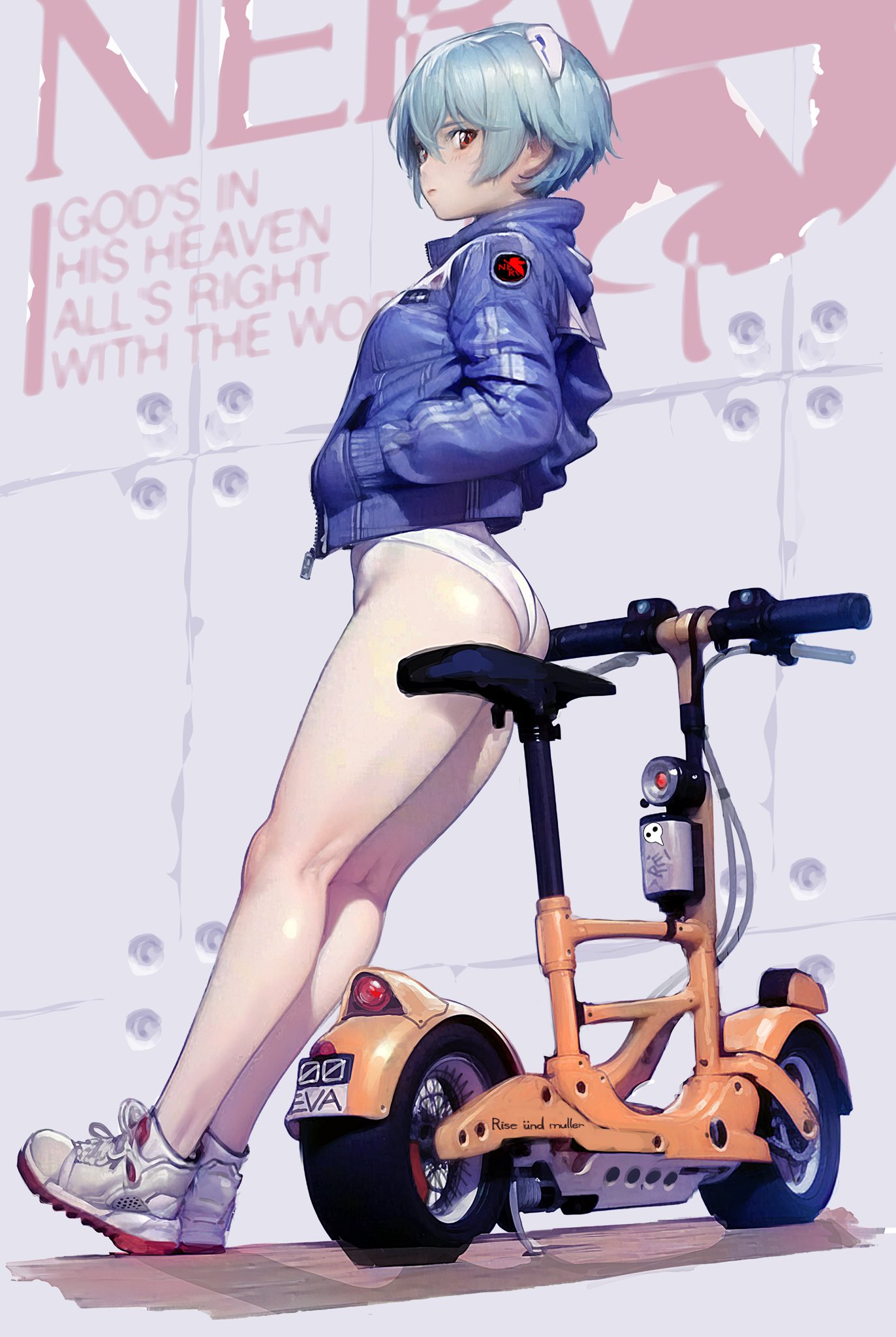 1girl ass ayanami_rei black_jacket blue_hair blush full_body hairpods hands_in_pockets highleg highleg_leotard highres interface_headset jacket kneepits leaning_against_motorcycle legs leotard leotard_under_clothes looking_at_viewer looking_to_the_side motor_vehicle neon_genesis_evangelion nerv profile red_eyes retrovenus scooter shoes short_hair sitting sneakers solo thighs wall