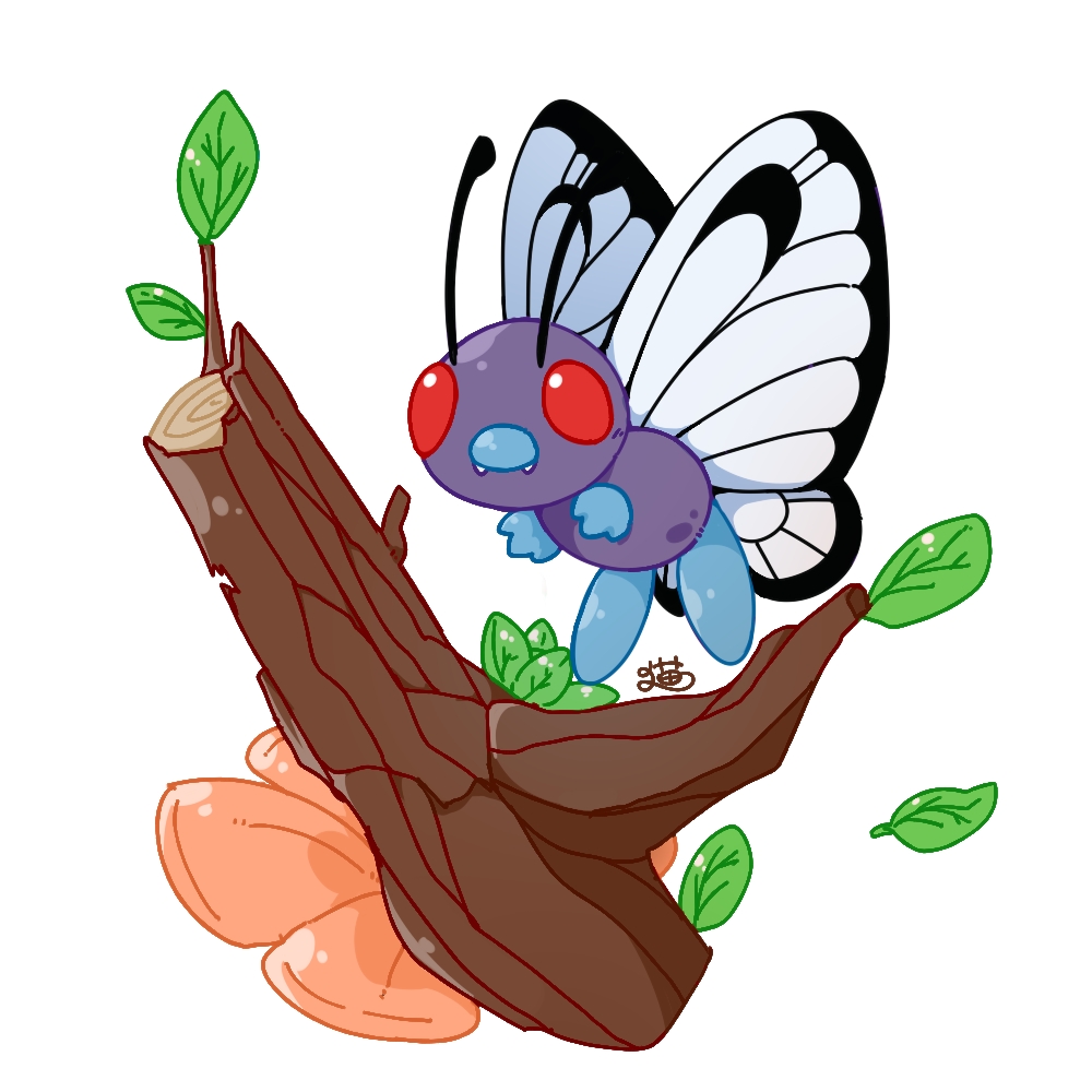 antennae branch bug butterfly butterfree fangs flower leaf no_humans orange_flower pokemon pokemon_(creature) red_eyes simple_background white_background zuiaimao