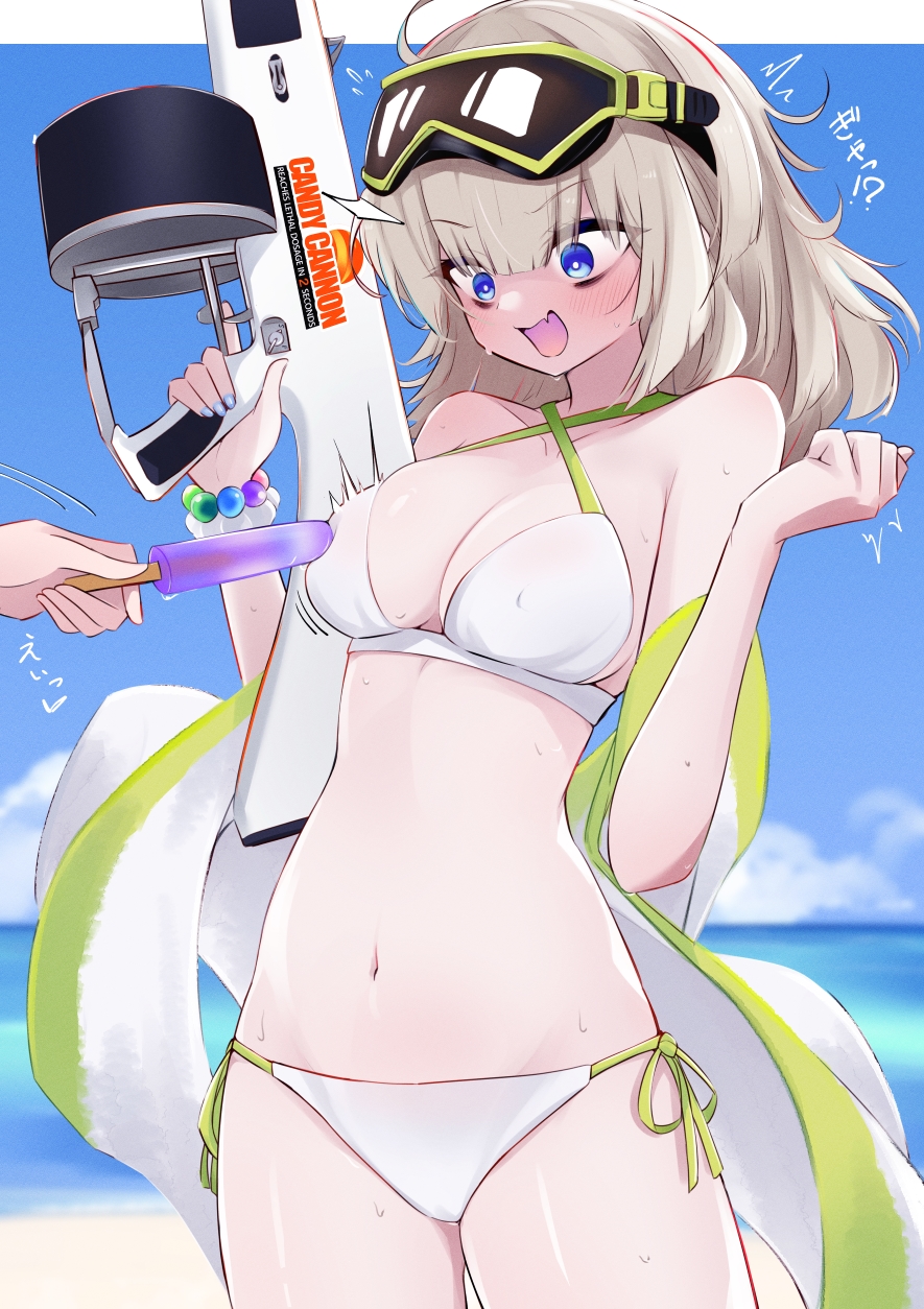 1girl 1other :d aa-12_(girls'_frontline) aa-12_(the_sun_never_rises)_(girls'_frontline) beach bikini black_eyeshadow blonde_hair blue_eyes blue_nails bracelet breasts cleavage clenched_hands commentary_request covered_nipples day diving_mask diving_mask_on_head embarrassed eyeshadow facing_viewer food_on_body food_on_breasts girls'_frontline goggles goggles_on_head groin gun hands_up highres holding holding_gun holding_weapon jewelry long_hair looking_down makeup medium_breasts messy_hair multicolored_hair nail_polish navel ocean ohichi16 outdoors pearl_bracelet red_hair shotgun side-tie_bikini_bottom smile solo_focus stomach streaked_hair surprised swimsuit thighs towel_on_arm two-tone_hair weapon white_bikini wide-eyed