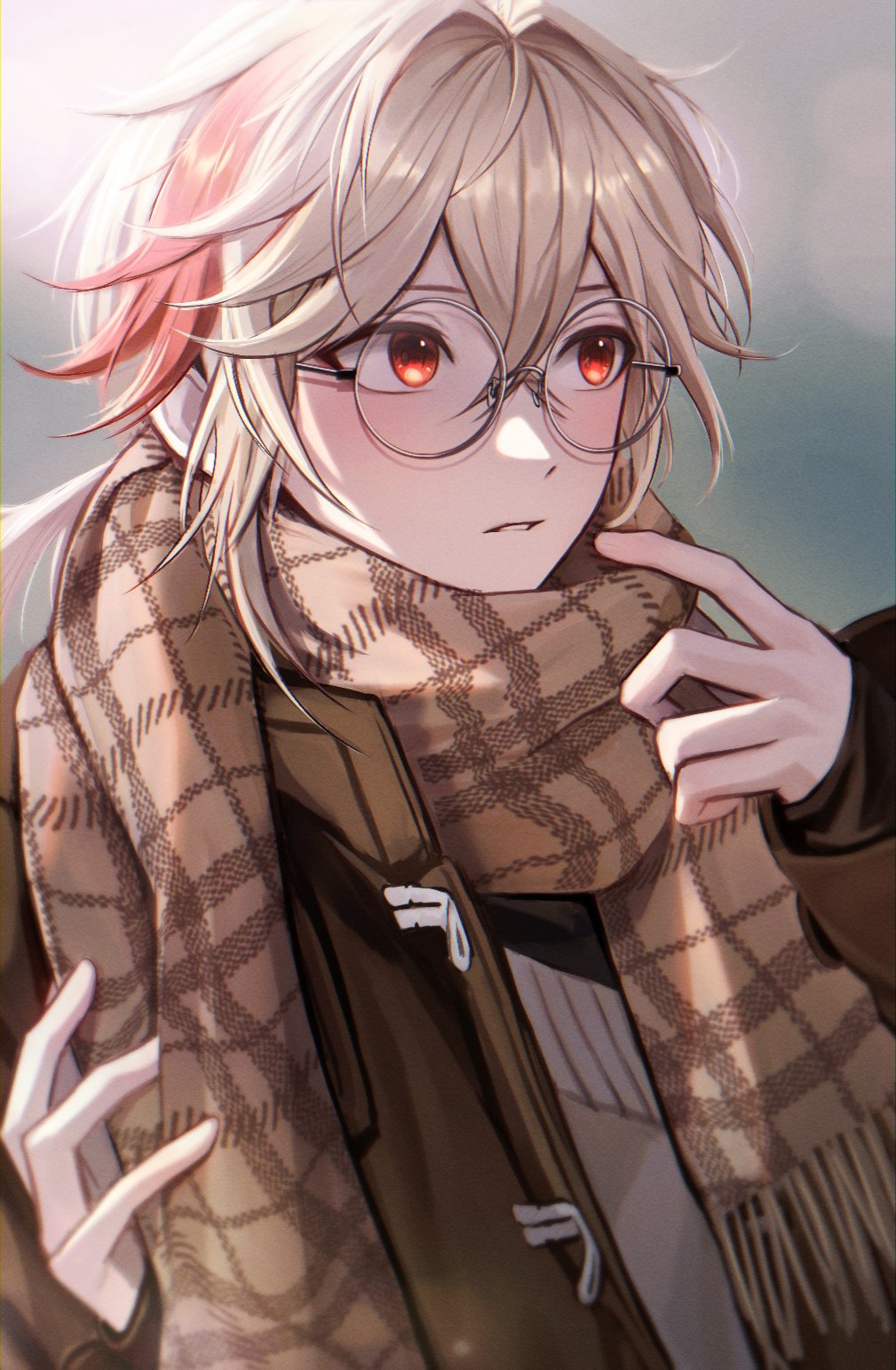 1boy alternate_costume backlighting bespectacled blush brown_coat brown_scarf coat commentary_request crossed_bangs duffel_coat eyelashes facing_viewer genshin_impact glasses grey_background hair_between_eyes hair_intakes hands_up highres kaedehara_kazuha lens_flare long_sleeves looking_away looking_to_the_side low_ponytail male_focus medium_hair multicolored_hair parted_lips plaid plaid_scarf pointing pointing_at_self ponytail pponnya red_eyes red_hair round_eyewear scarf sidelocks solo streaked_hair sweater teeth upper_body white_hair white_sweater