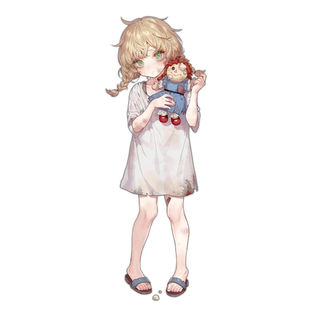 1girl artist_request bandaid bandaid_on_knee bandaid_on_leg blonde_hair braid child closed_mouth cotton_ball dirty dirty_clothes dirty_face doll dress feet freckles full_body girls'_frontline green_eyes holding holding_doll holding_stuffed_toy long_hair looking_at_viewer official_art orphan_girl_(girls'_frontline) sandals shirt short_sleeves simple_background solo standing stuffed_toy toenails toes transparent_background twin_braids unkempt white_dress white_shirt