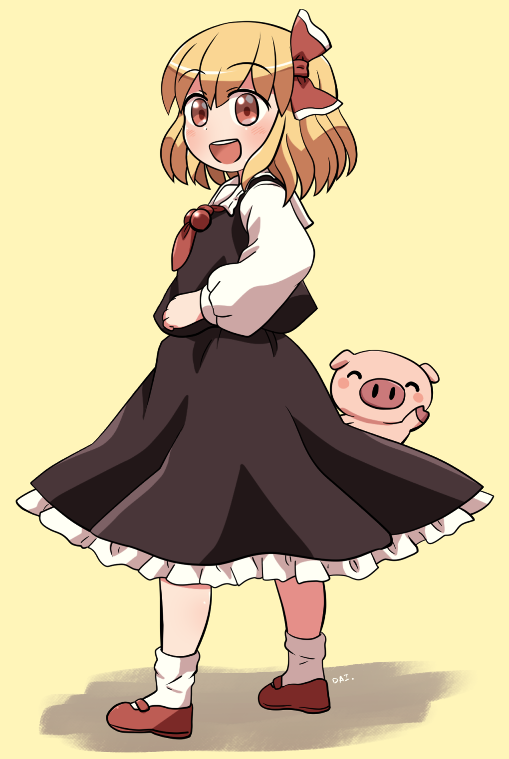 1girl animal ascot black_skirt black_vest blonde_hair blush collared_shirt frilled_skirt frills full_body hair_ribbon highres long_sleeves open_mouth pig red_ascot red_eyes red_footwear red_ribbon ribbon rokugou_daisuke rumia shirt shoes short_hair signature simple_background skirt smile socks solo touhou vest white_shirt white_socks yellow_background