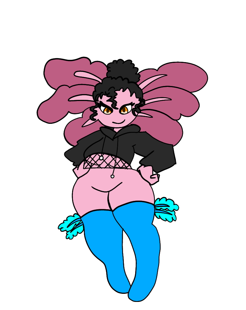 amphibian anthro axolotl btwalexhere cici_humedo(btwalexhere) clothed clothing crop_top curled_hair female hair marine mole_salamander no_underwear pantsless pink_body pink_skin salamander shirt solo topwear yellow_eyes