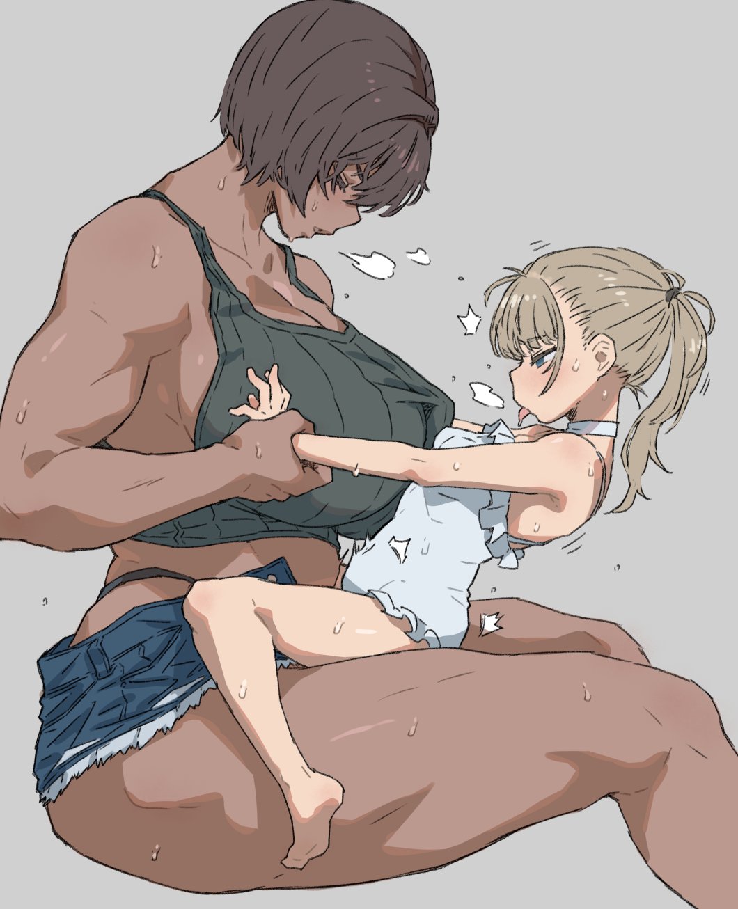 2girls blonde_hair blue_eyes breasts brown_hair dark-skinned_female dark_skin height_difference highres kei_(m_k) m_k multiple_girls original rika_(m_k) short_hair simple_background size_difference straddling sweat swimsuit tall tall_female tank_top tomboy tongue tongue_out yuri