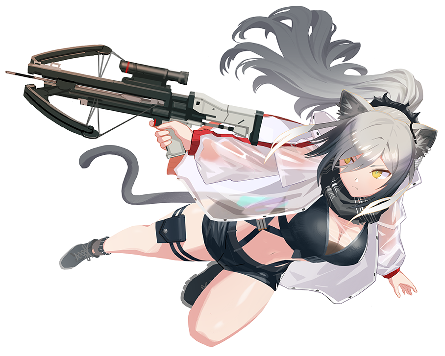 1girl animal_ears arknights black_footwear black_scarf black_shorts breasts cat_ears cat_tail cleavage commentary_request crop_top crossbow grey_hair holding holding_crossbow holding_weapon jacket kegani_(kegani01) large_breasts long_hair midriff navel open_clothes open_jacket ponytail pouch scarf schwarz_(arknights) shoes short_shorts shorts solo stomach tail thigh_strap thighs very_long_hair weapon white_jacket yellow_eyes