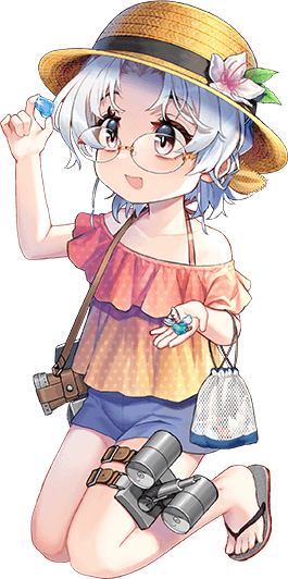 1girl bag blue_shorts brown_eyes depth_charge flower frilled_shirt frills full_body glasses gradient_shirt grey_hair hat hat_flower hirato_(kancolle) kantai_collection kneeling official_art orange_shirt sandals satchel shirt short_hair shorts smile solo sun_hat third-party_source transparent_background wavy_hair yellow_headwear