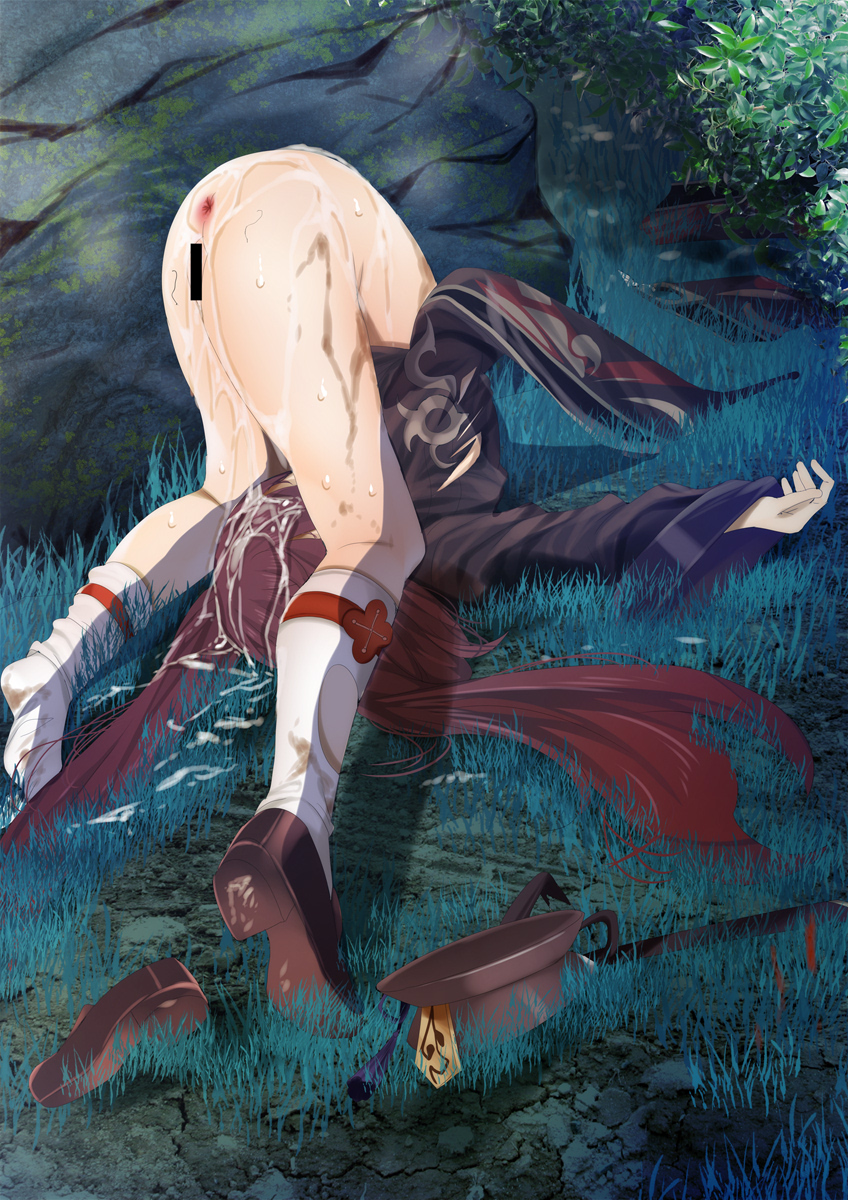 1girl after_rape after_sex anus bar_censor bottomless brown_hair censored cum cum_on_ass cum_on_clothes cum_on_hair folded full_body fumihiko_(fu_mihi_ko) genshin_impact grass hat hat_removed headwear_removed highres hu_tao_(genshin_impact) long_hair long_sleeves outdoors porkpie_hat pussy shoes single_shoe socks solo stray_pubic_hair sweat thighs twintails unconscious upside-down very_long_hair white_socks