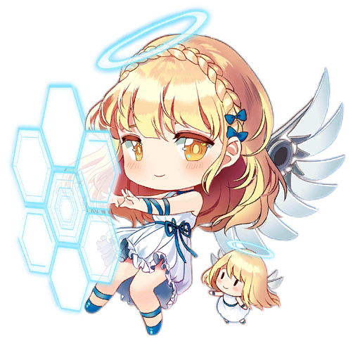 2girls arm_ribbon barrier_fairy_(girls'_frontline) blonde_hair blue_bow blue_choker blue_footwear blue_halo blue_ribbon blush blush_stickers bow braid chibi choker closed_mouth crown_braid dress energy_barrier energy_shield fairy_(girls'_frontline) frilled_dress frills full_body girls'_frontline hair_bow halo honeycomb_(pattern) long_hair looking_at_viewer mechanical_wings multiple_girls official_art ribbon saru simple_background sleeveless sleeveless_dress smile third-party_source transparent_background waist_ribbon white_dress wings yellow_eyes |_|
