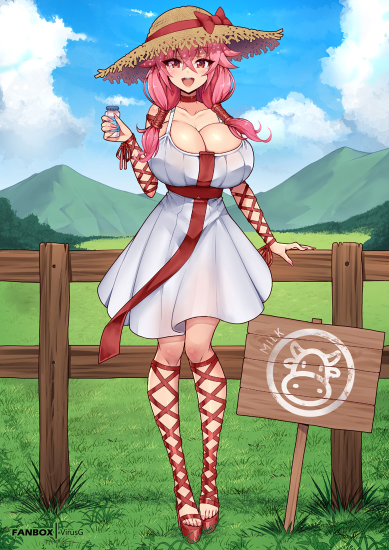 1girl bottle breasts cleavage commission day dress fence full_body grass guilty_crown hair_between_eyes hair_tubes hat hat_ribbon holding holding_bottle huge_breasts legs long_hair looking_at_viewer mountain nail_polish open_mouth outdoors pink_hair pink_nails red_eyes red_footwear red_ribbon ribbon sandals sign smile solo standing straw_hat toenail_polish toenails toes twintails virus-g white_dress wooden_fence yuzuriha_inori