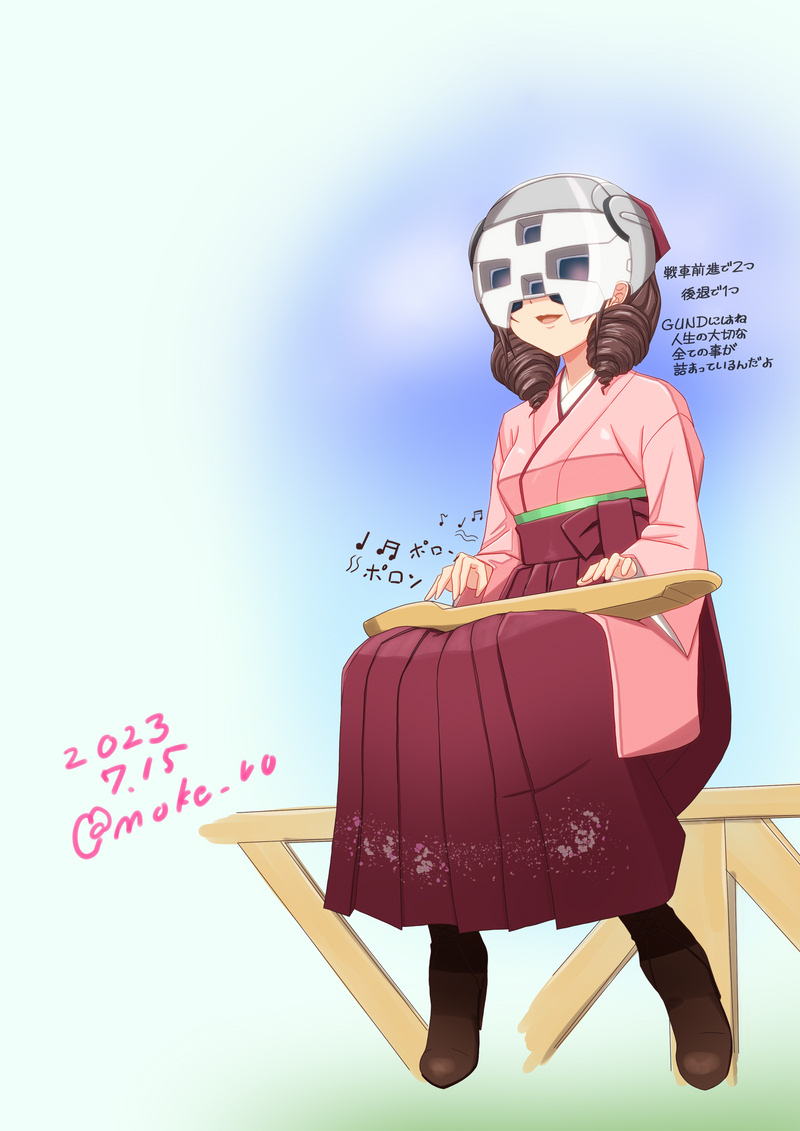 1girl beamed_sixteenth_notes bow brown_hair commentary_request cosplay cross-laced_footwear drill_hair gundam gundam_suisei_no_majo hair_bow hakama hakama_skirt harukaze_(kancolle) helmet japanese_clothes kantai_collection kimono mask meiji_schoolgirl_uniform moke_ro musical_note noto_mamiko pink_kimono prospera_mercury prospera_mercury_(cosplay) quarter_note red_bow red_hakama sitting skirt solo translation_request twin_drills voice_actor_connection zither
