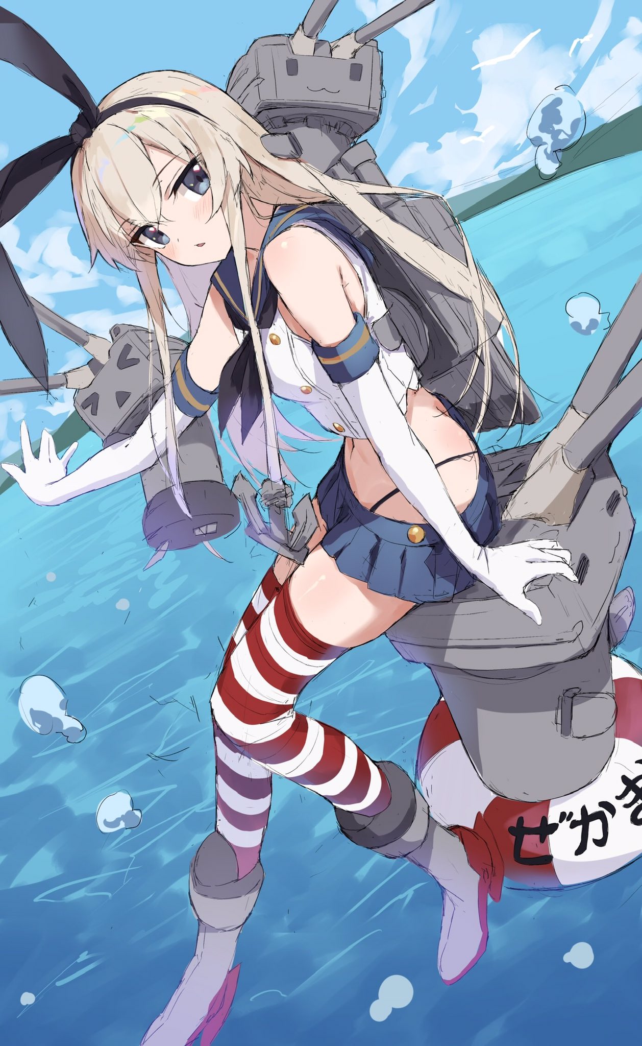 1girl anchor_hair_ornament ass black_hairband black_neckerchief black_panties blonde_hair blue_sailor_collar blue_skirt blue_sky cloud crop_top day elbow_gloves full_body gloves grey_eyes hair_ornament hairband highleg highleg_panties highres kantai_collection long_hair looking_at_viewer microskirt miniskirt neckerchief ocean outdoors panties pleated_skirt rensouhou-chan sailor_collar shimakaze_(kancolle) skirt sky striped striped_thighhighs thighhighs underwear water white_gloves yanagi_marie