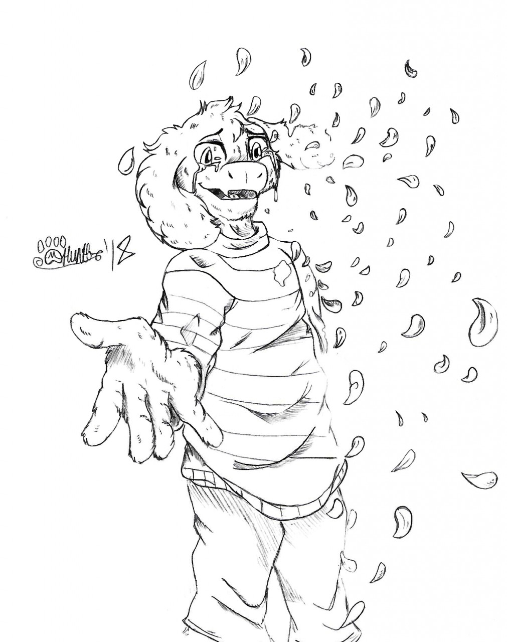 2018 5_fingers anthro asriel_dreemurr bodily_fluids bottomwear bovid caprine clothed clothing crying dissolving fingers flower_petals fur goat hi_res looking_at_viewer male mammal marcushunter open_mouth pants petals reaching reaching_towards_viewer shirt signature smile smiling_at_viewer solo standing tears topwear undertale undertale_(series)