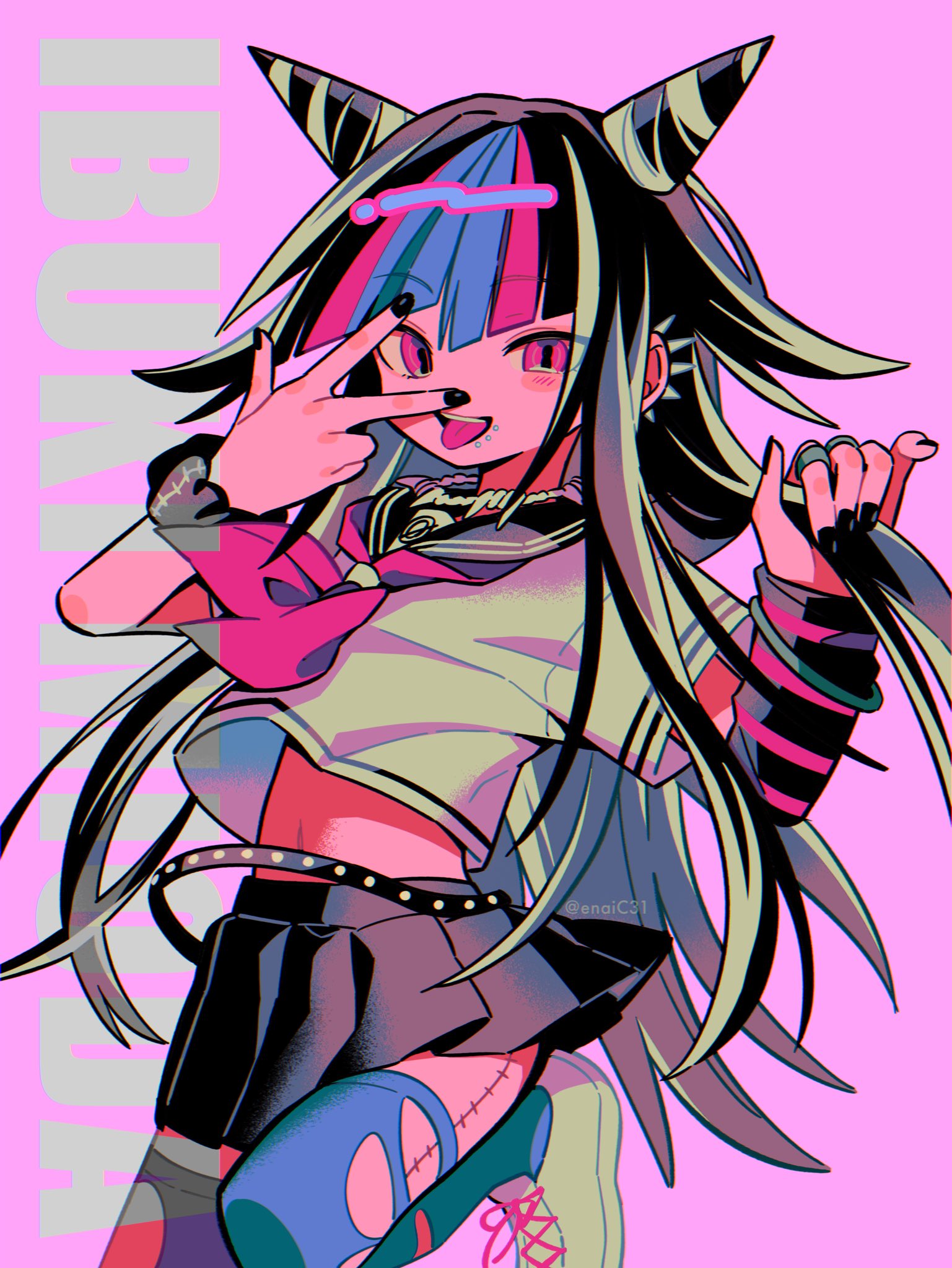 1girl :p asymmetrical_legwear belt black_belt black_hair black_nails blue_hair character_name danganronpa_(series) danganronpa_2:_goodbye_despair ear_piercing green_hair hair_horns highres jewelry long_hair looking_at_viewer menma_(enaic31) miniskirt mioda_ibuki mismatched_legwear mouth_piercing multicolored_hair nail_polish navel neckerchief necklace open_mouth piercing pink_eyes pink_hair pink_neckerchief sailor_collar scar school_uniform serafuku shirt short_sleeves skirt smile solo stitches thighhighs tongue tongue_out torn_clothes torn_thighhighs w_over_eye white_hair