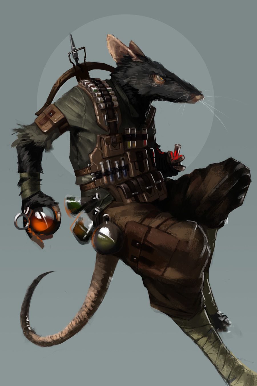 1boy ammunition_belt ammunition_pouch arrow_(projectile) bandaged_leg bandages boonyboy commission crossbow explosive feet_out_of_frame flask furry grenade grey_background grey_shirt highres holding holding_grenade looking_ahead mouse mouse_tail original pouch profile rat_boy shirt tail weapon yellow_eyes