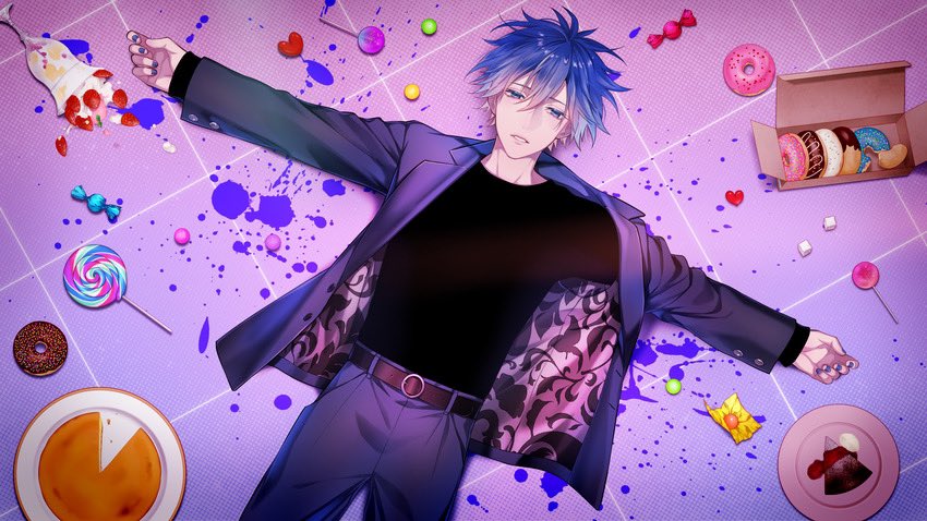 1boy belt black_shirt blue_eyes blue_hair blue_nails brown_belt cake cake_slice candy chocolate_cake cowboy_shot cuff_links doughnut food from_above fruit gradient_hair hair_between_eyes hakuseki jacket kaito_(vocaloid) lapels lollipop long_sleeves lying male_focus multicolored_hair notched_lapels o-ring o-ring_belt off_shoulder official_art on_back open_clothes open_jacket outstretched_arms paint_splatter pants parfait parted_lips pastry_box patterned_clothing plate purple_jacket purple_pants shirt short_hair spill spread_arms straight-on strawberry swirl_lollipop tile_floor tiles two-sided_fabric two-sided_jacket vocaloid wrapped_candy