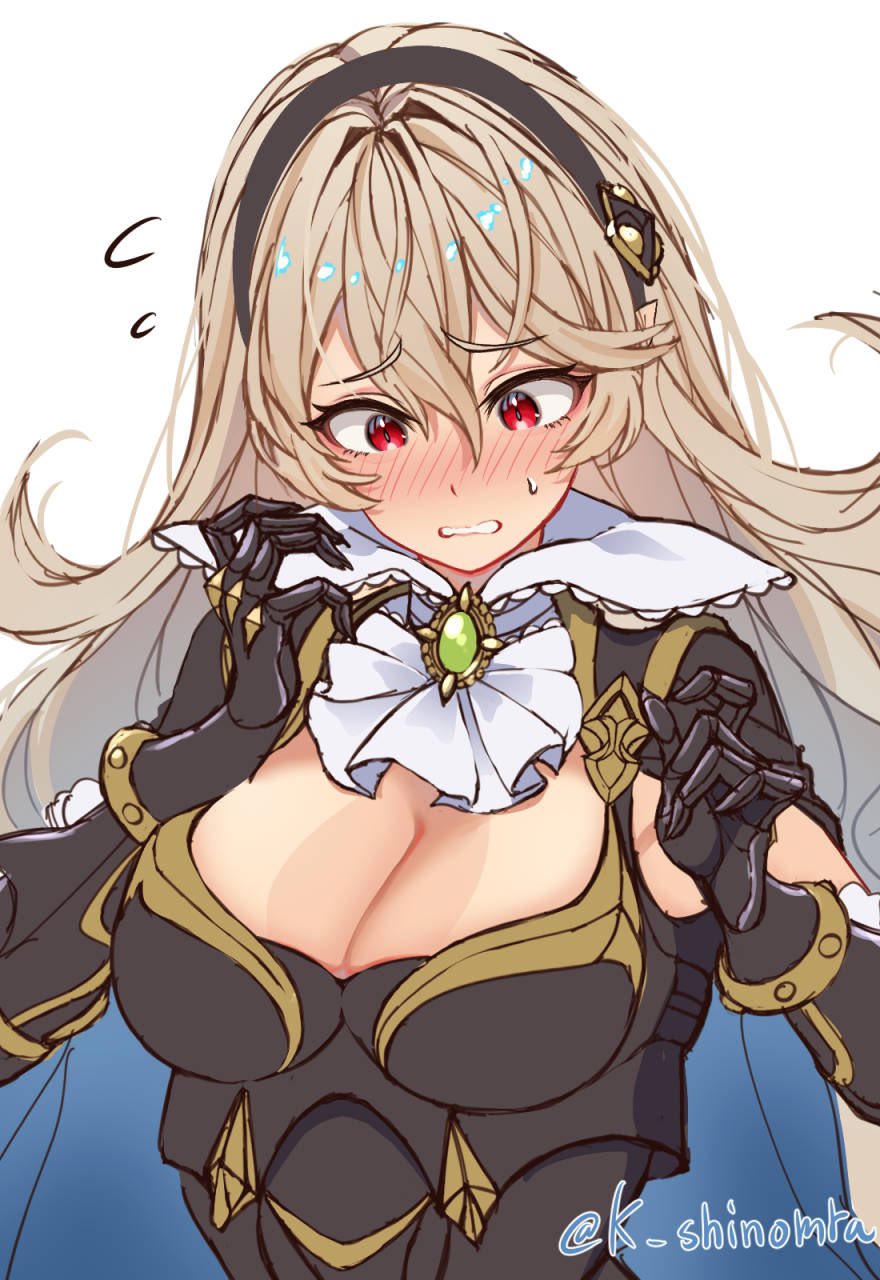 1girl armor armpit_crease ascot blonde_hair blue_cape blush breastplate breasts cape cleavage cleavage_cutout clothing_cutout commentary_request corrin_(female)_(fire_emblem) corrin_(female)_(nohr_noble)_(fire_emblem) corrin_(fire_emblem) embarrassed fire_emblem fire_emblem_fates fire_emblem_heroes gauntlets gem green_gemstone hairband highres karashino large_breasts long_hair looking_down official_alternate_costume pointy_ears red_eyes solo sweatdrop tan tanlines tareme twitter_username upper_body very_long_hair white_background worried