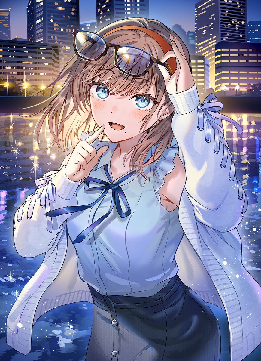 1girl :d black_skirt blue_eyes blue_ribbon breasts building character_request collared_shirt copyright_request eyewear_removed glass hand_up highres holding holding_removed_eyewear jacket looking_at_viewer medium_breasts medium_hair neck_ribbon open_clothes open_jacket open_mouth outdoors ribbon shirt skirt sleeveless sleeveless_shirt smile solo tan_(tangent) white_shirt