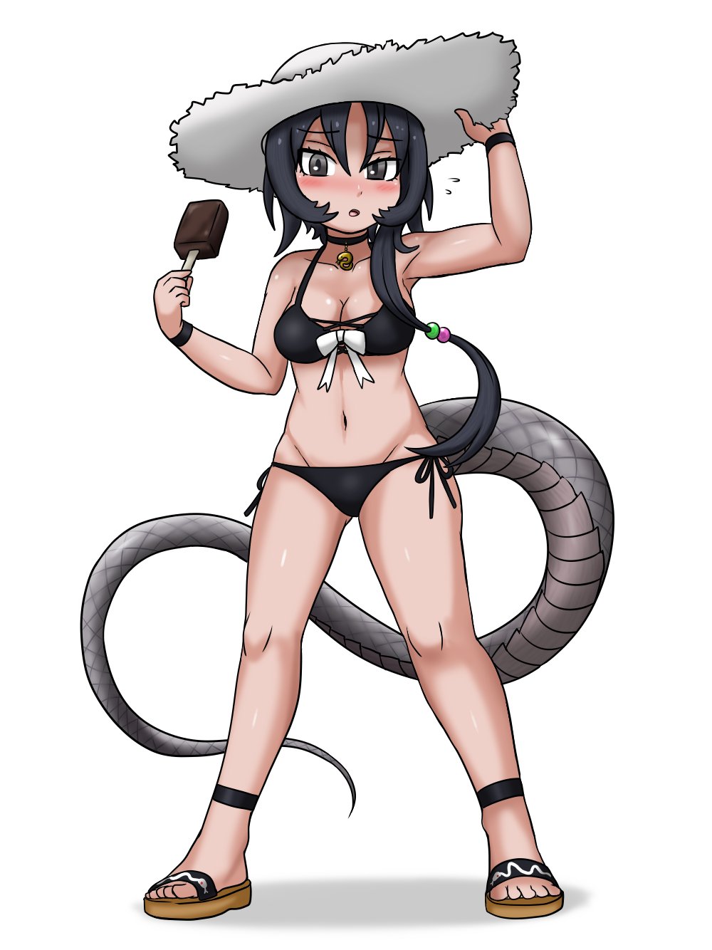 1girl :o adansosutega ankle_strap arm_up armpits bikini black_bikini black_hair black_mamba_(kemono_friends) blush bow breasts choker cleavage flustered flying_sweatdrops food full_body furrowed_brow grey_eyes groin hair_between_eyes hair_bobbles hair_ornament hand_on_headwear hand_up hat highres holding holding_food holding_popsicle ice_cream kemono_friends legs_apart long_hair long_tail low_ponytail lowleg lowleg_bikini medium_breasts navel nose_blush parted_bangs parted_lips popsicle sandals side-tie_bikini_bottom side_ponytail simple_background snake_tail solo stomach straw_hat swimsuit tail tan toes very_long_hair white_background white_bow white_headwear wristband