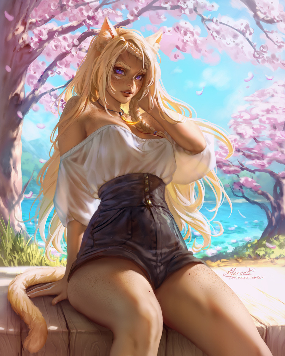 1girl aleriia_v animal_ears artist_name bare_shoulders blonde_hair body_freckles braid cat_ears cat_tail cherry_blossoms cloud cloudy_sky commentary commission day english_commentary falling_petals feather_necklace final_fantasy final_fantasy_xiv freckles grass hair_over_shoulder hand_in_own_hair high-waist_shorts highres jewelry looking_at_viewer miqo'te necklace off-shoulder_shirt off_shoulder parted_lips patreon_username petals purple_eyes shadow shirt shirt_tucked_in shorts sitting sky solo tail teeth warrior_of_light_(ff14) water