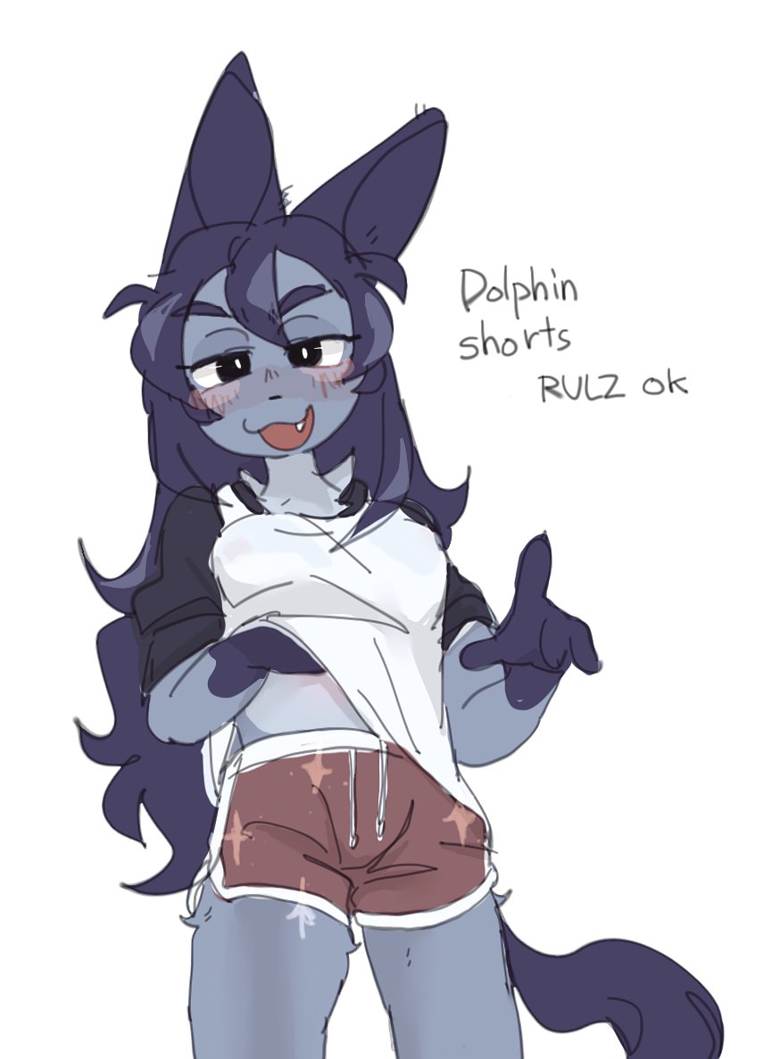 2023 anthro big_ears blush bottomwear breasts canid canine canis clothed clothing clothing_lift cute_fangs dialogue digital_media_(artwork) dolphin_shorts english_text female female_anthro fur grey_body grey_fur hair kemono looking_at_viewer mammal mini_(puppy_in_space) open_mouth puppy_in_space shirt shirt_lift shorts simple_background smile solo tail text tongue topwear wolf