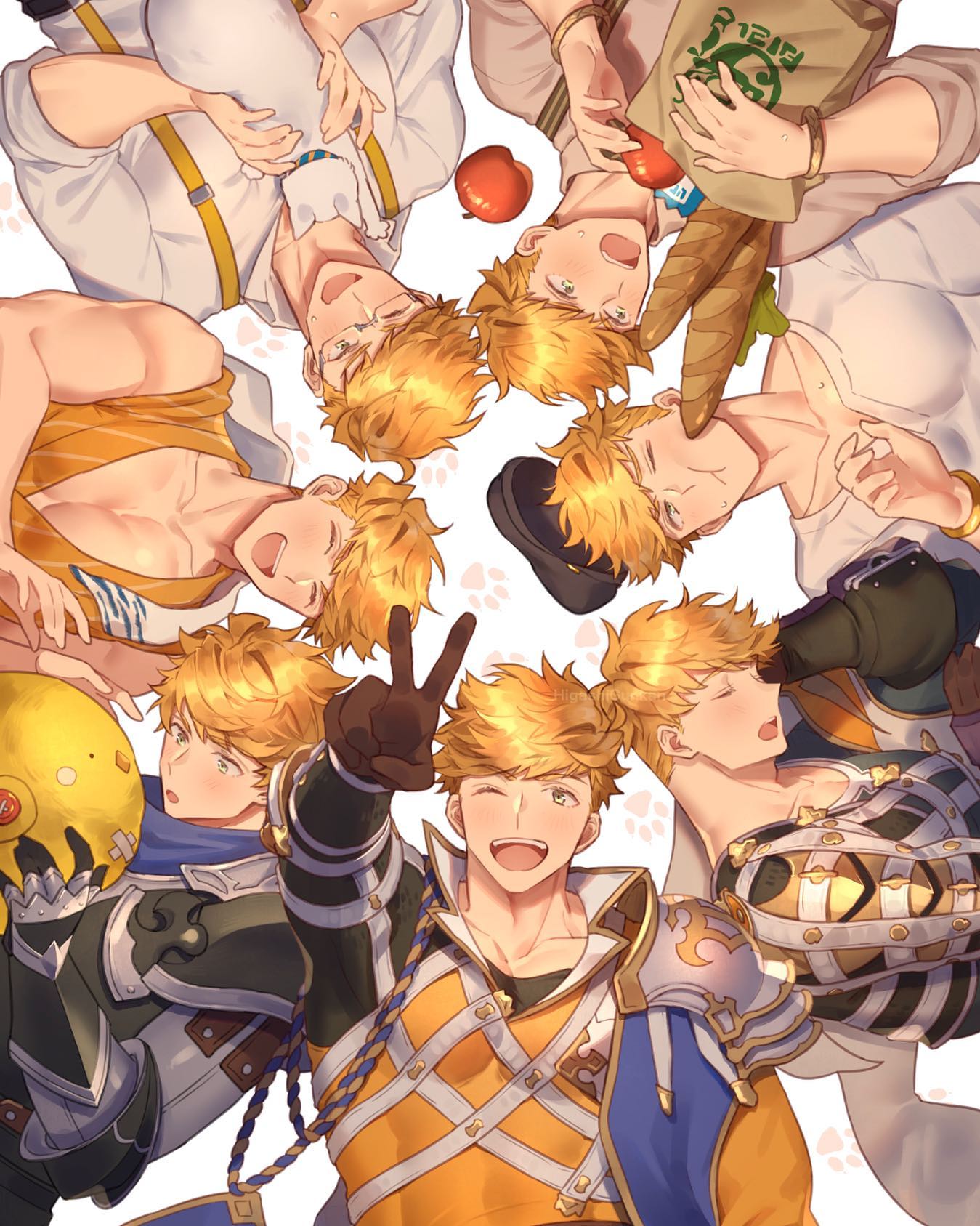 1boy animal apple armor baguette beret black_armor blonde_hair blush bracelet bread brown_gloves cat cheek_bulge clone cover fanbook food fruit glasses gloves granblue_fantasy granblue_fantasy_(style) green_eyes happy hat higashigunkan highres holding holding_stuffed_toy jewelry large_pectorals laughing looking_at_viewer male_focus multiple_views muscular muscular_male official_alternate_costume one_eye_closed open_mouth pectorals shirt simple_background sleeping smile stuffed_animal stuffed_toy suspenders upper_body v vane_(granblue_fantasy) white_cat white_shirt