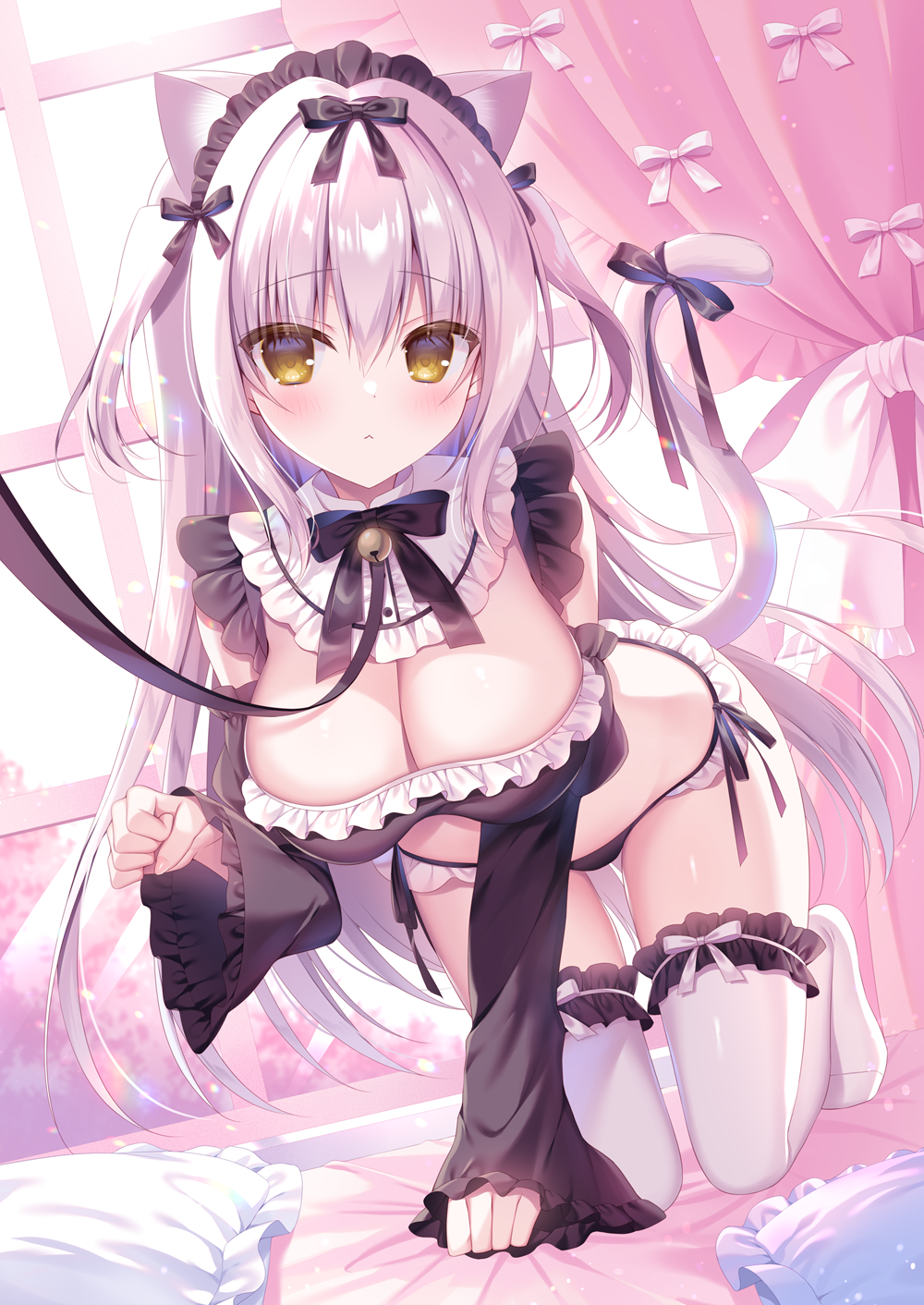 1girl :&lt; all_fours animal_ear_fluff animal_ears bare_shoulders bed_sheet bell black_bow black_panties black_sleeves blush bow breasts cat_ears cat_girl cat_tail cleavage closed_mouth commentary_request detached_sleeves frilled_panties frilled_pillow frilled_sleeves frilled_thighhighs frills grey_hair hair_between_eyes hand_up hasune highres jingle_bell large_breasts leash long_hair long_sleeves looking_at_viewer neck_bell no_shoes original panties paw_pose pillow side-tie_panties sleeves_past_wrists solo tail thighhighs two_side_up underwear very_long_hair white_thighhighs yellow_eyes