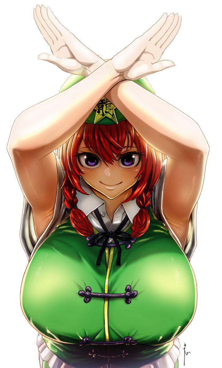 1girl armpit_peek arms_up backlighting bare_arms bloom blue_eyes braid breasts closed_mouth commentary_request crossed_wrists dress gold_trim green_dress green_headwear hair_between_eyes hat_ornament highres hong_meiling huge_breasts koyubi_(littlefinger1988) long_hair looking_at_viewer red_hair short_sleeves simple_background smile solo star_(symbol) star_hat_ornament touhou twin_braids upper_body white_background wing_collar