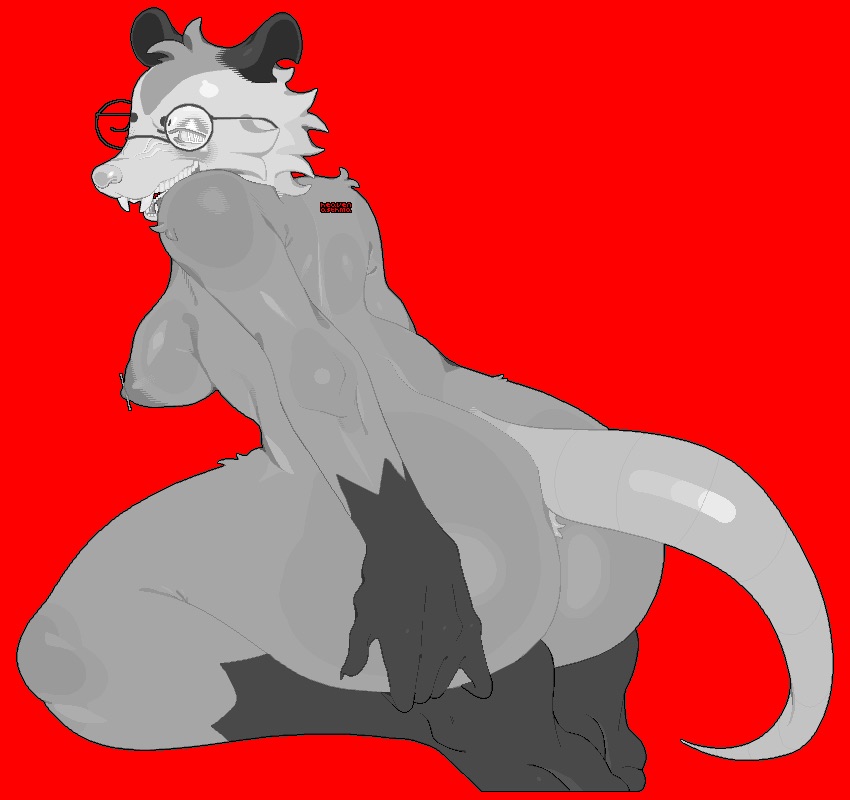 anthro big_breasts big_butt breasts butt desamistesae_fafratarello_flumendo_styx didelphid eyewear eyewear_only female glasses glasses_only grey_body mammal marsupial nipple_piercing nipples nude piercing sharp_teeth skinnypepperoni solo teeth virginia_opossum