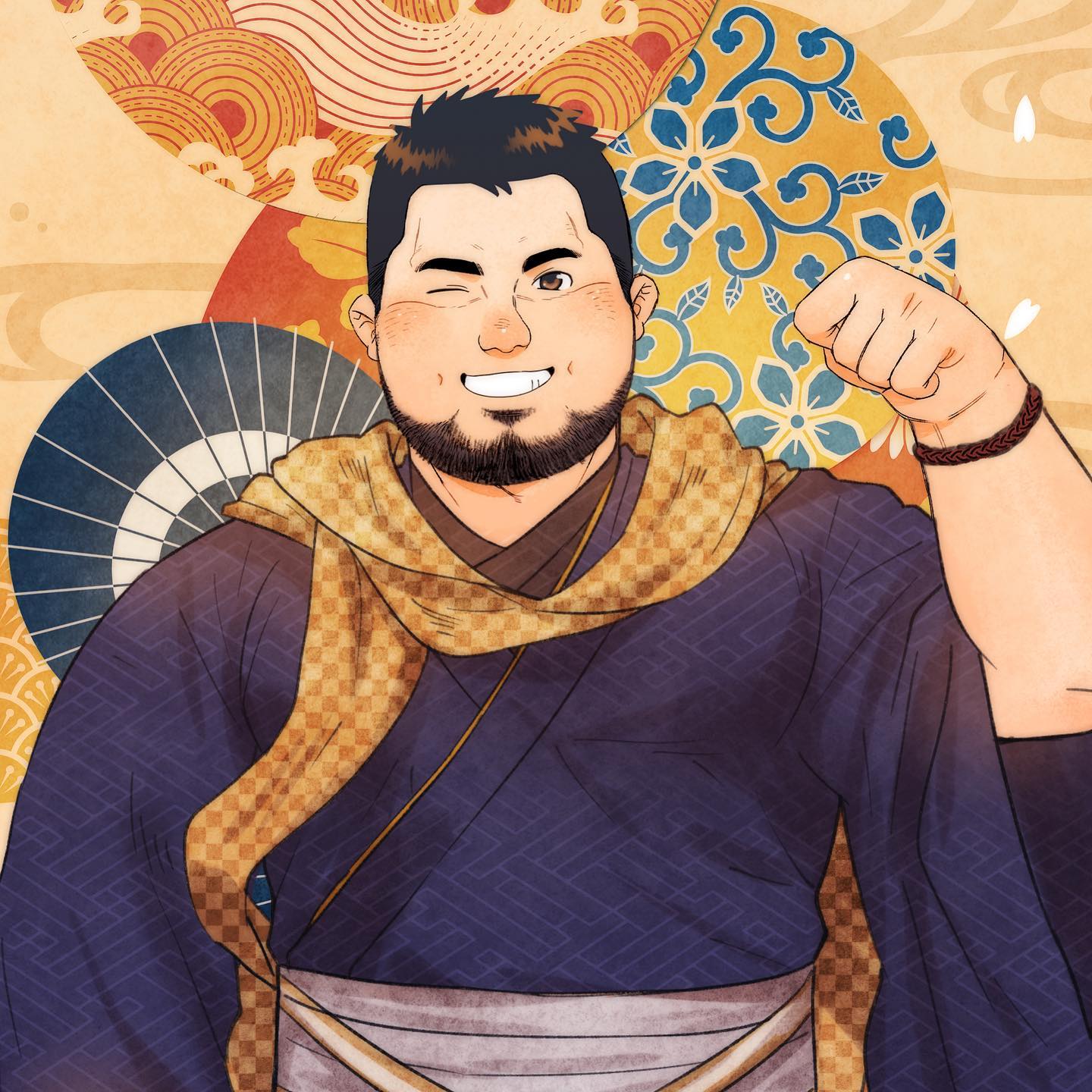 1boy bara beard black_hair clenched_hand daisukebear facial_hair grin hand_up happy_new_year highres japanese_clothes kimono large_pectorals male_focus mature_male midriff_sarashi muscular muscular_male one_eye_closed original pectorals sarashi scarf smile solo straight-on upper_body yellow_scarf