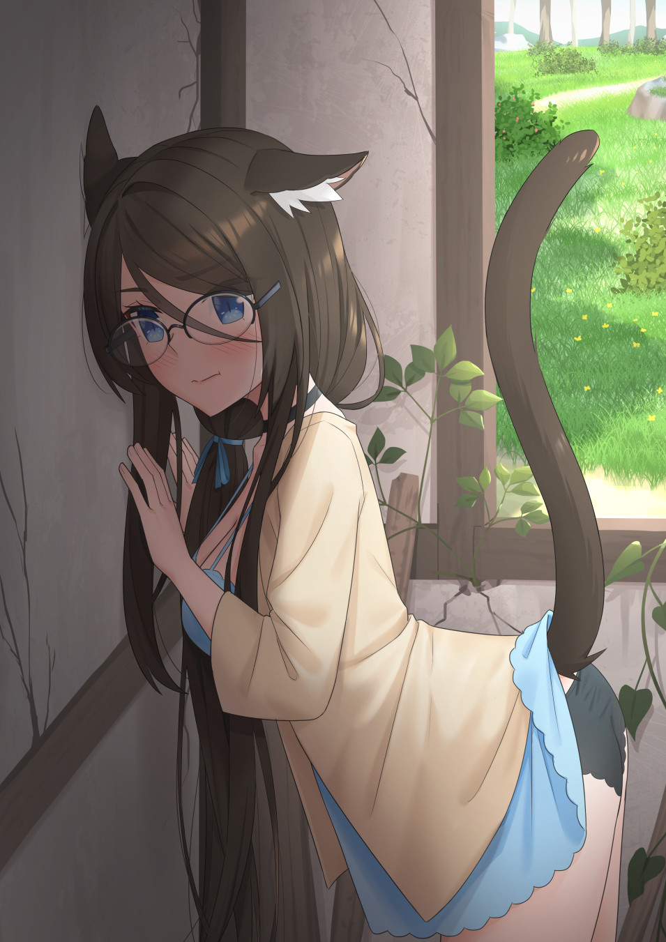 1girl against_wall animal_ear_fluff animal_ears black_pantyhose blue_dress blue_eyes breasts brown_hair cat_ears cat_girl cat_tail cleavage cowboy_shot day dress from_side glasses grass hair_between_eyes highres lifted_by_tail long_hair long_sleeves mao_lian_(nekokao) original over-rim_eyewear pantyhose semi-rimless_eyewear short_dress solo strap_gap tail tail_raised