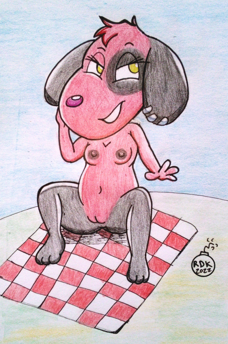 animal_crossing anthro breasts canid canine canis cherry_(animal_crossing) domestic_dog female fur genitals hi_res mammal multicolored_body multicolored_fur nintendo nude outside picnic pussy reddragonkan smile solo traditional_media_(artwork) two_tone_body two_tone_fur