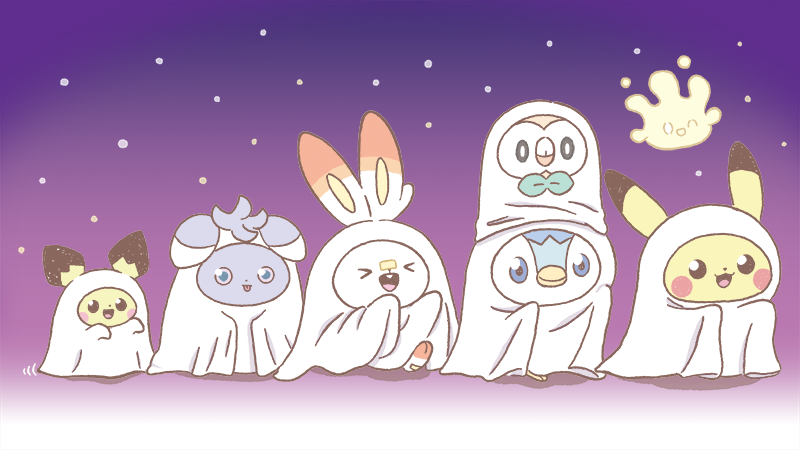 &gt;_&lt; :d blanket commentary_request espurr ghost_costume gradient_background halloween milcery no_humans official_art open_mouth pichu pikachu piplup pokemon pokemon_(creature) rowlet scorbunny smile standing tongue