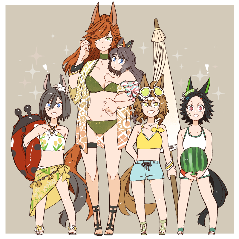 5girls :d aged_down air_groove_(seaside_bloom)_(umamusume) air_groove_(umamusume) alternate_costume animal_ears asuka_(junerabitts) bandaid bandaid_on_cheek bandaid_on_face bare_shoulders beach_umbrella bikini black_hair blue_eyes breasts brown_background brown_hair cleavage collarbone ear_flower eyewear_on_head floral_print food fruit green_bikini green_eyes hair_between_eyes hair_ornament hair_over_one_eye hairclip holding holding_food holding_fruit horse_ears horse_girl horse_tail jungle_pocket_(tobuze_hot_summer!)_(umamusume) jungle_pocket_(umamusume) multiple_girls navel official_alternate_costume orange_hair red_eyes sandals sarong short_hair simple_background smile summer's_sunlight_fades_to_blue_(umamusume) sunglasses swimsuit tail thigh_strap tomboy toni_bianca_(umamusume) tosen_jordan_(umamusume) umamusume umamusume:_cinderella_gray umbrella watermelon wavy_hair white-framed_eyewear white_bikini winning_ticket_(umamusume) yellow_eyes yellow_sarong