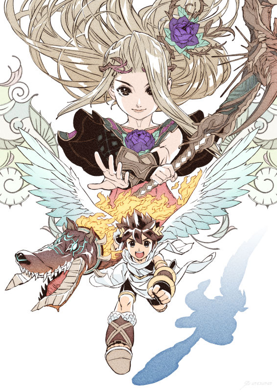 1boy 1girl angel angel_wings brown_hair flower hair_flower hair_ornament holding holding_staff kid_icarus kid_icarus_uprising laurel_crown light_brown_hair long_hair looking_at_viewer noguchi_toshio open_mouth pit_(kid_icarus) purple_flower running shadow signature simple_background smile staff very_long_hair viridi white_background wings