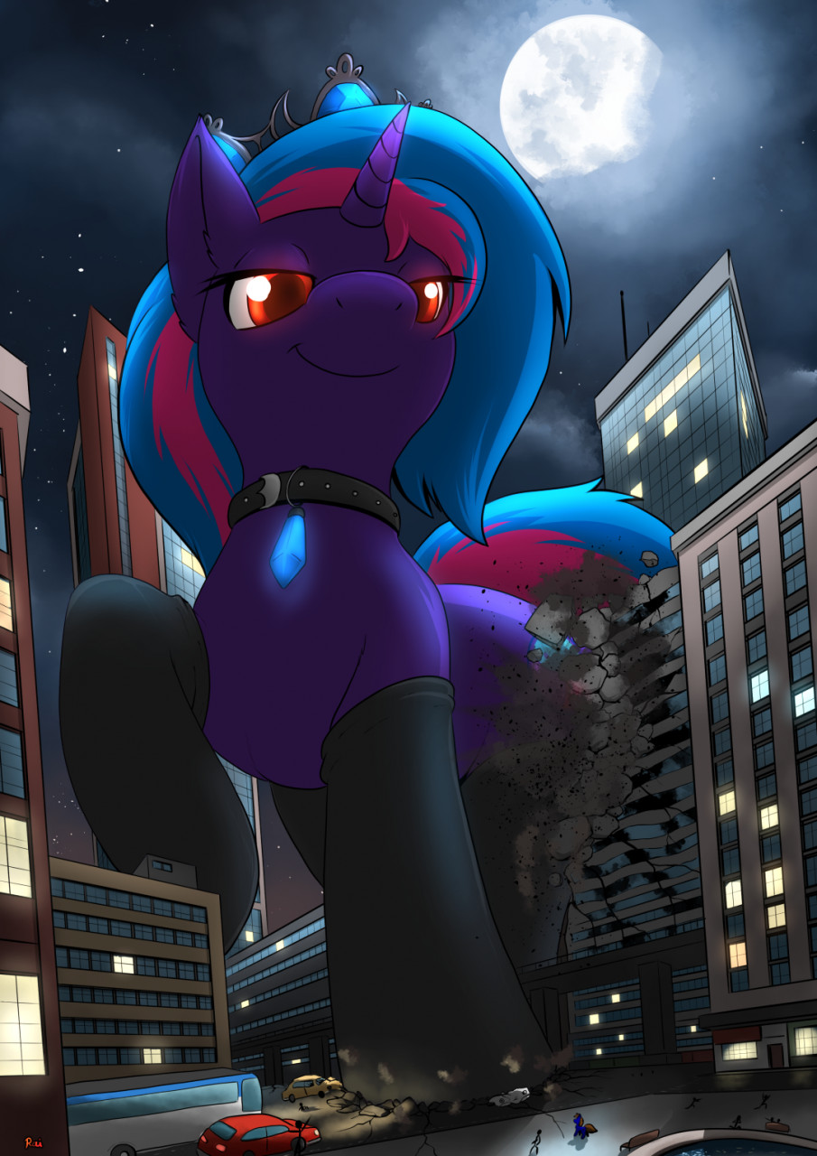 2022 blue_hair blue_tail building building_destruction car clothing collar destruction digital_drawing_(artwork) digital_media_(artwork) equid equine fan_character female feral hair hasbro hi_res horn legwear looking_down looming macro mammal my_little_pony narrowed_eyes night outside purple_body rai_kun red_eyes signature size_difference smile stomping tail thigh_highs unicorn unicorn_horn vehicle