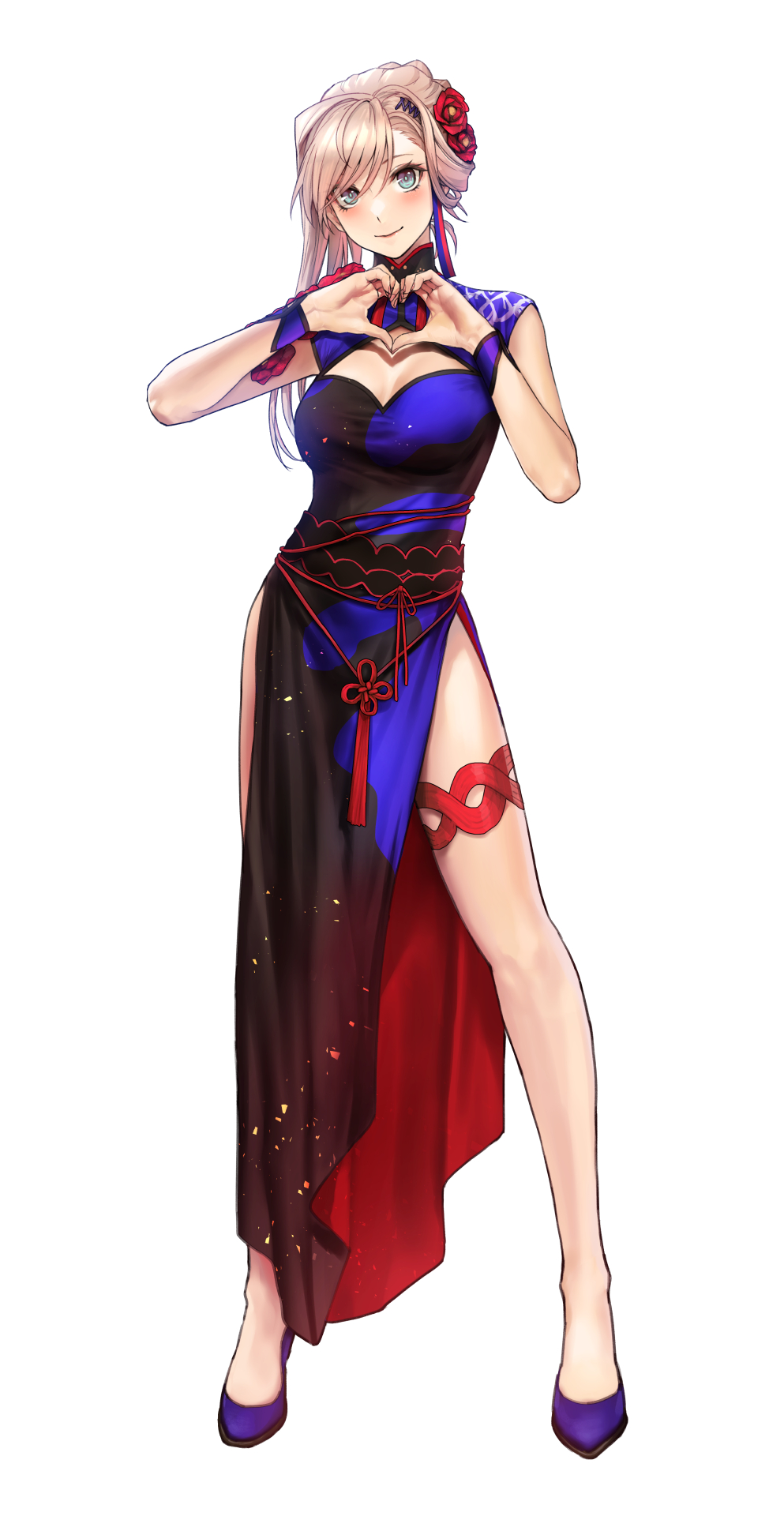 1girl applekun blue_dress blue_eyes breasts cleavage_cutout closed_mouth clothing_cutout dress fate/grand_order fate/samurai_remnant fate_(series) flower full_body gradient_dress hair_flower hair_ornament heart heart_hands high_heels highres legs long_legs looking_at_viewer miyamoto_musashi_(fate) official_alternate_costume pelvic_curtain pink_hair purple_footwear red_dress red_flower red_rose rose short_sleeves side_slit simple_background single_sidelock smile solo swept_bangs white_background