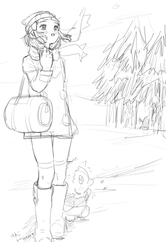 1girl :d adjusting_scarf akiyasumi alternate_hair_length alternate_hairstyle artist_name bag beanie bird boots clothed_pokemon coat dawn_(pokemon) duffel_bag enpera floating_clothes floating_scarf hair_ornament hat long_sleeves monochrome open_mouth over-kneehighs pig piloswine pine_tree piplup pokemon pokemon_(creature) pokemon_(game) pokemon_dppt pokemon_platinum scarf short_hair simple_background smile snow_boots solo standing thighhighs tree white_background